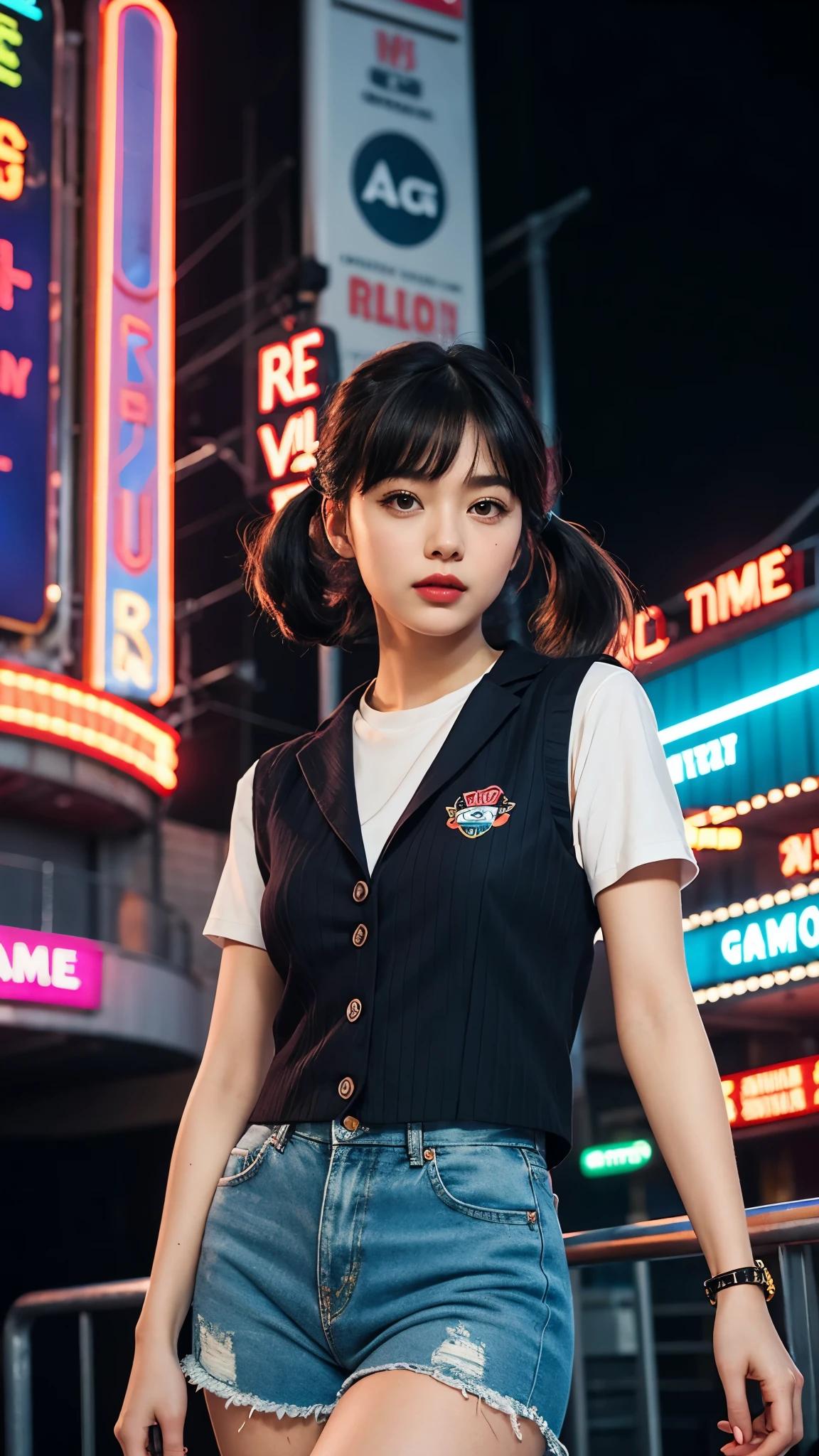(Ultra-detailed eyes), (((textile shading))), (((Best Quality))), (((masterpiece))) sassy girl, (((realistic))), black hair, black hair, black hair, black hair, chic hairstyle, ((pigtail hair with bangs, gorgeous hair)), Pink eyes, (((retro futuristic Outfits))), ((retro pose)), (((Game CG)) (gorgeous, sassy, it girl), fancy jewelry, in front of theater building with an electronic neon sign, strong night atmosphere, strong retro atmosphere, cowboy shot, midshot, centered image, eye on camera, Off-White ribbed logo-print vest, pink print cat short, elegant color