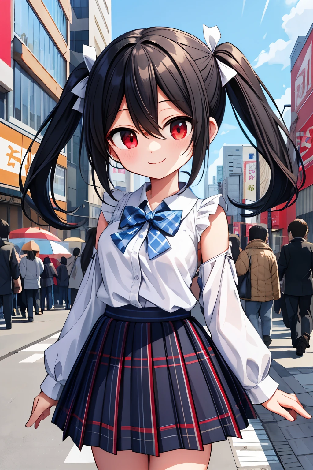 Extremely detailed, disorganized, ultra high resolution, super detailed, highest quality,
1 girl, alone, nice hands, perfect hands,
BREAK
jirai kei,plaid skirt, shirt, long sleeve, bow, blue skirt, white shoulder frilly shirt, outdoors, blue bow, Long hair BREAK happy smile, smile, closed mouth, Are standing,
,
cuteポーズ, cowboy shot,
break slender, cute, perfectly symmetrical face, 超cute girl, 超cute face, highly detailed eyes, super detailed髪, 超cute, super beautiful,
BREAK in 原宿, Shibuya Ward, Tokyo, street, crowd, cityscape,
BREAKmedium breasts,
(black hair, red eyes), hair between eyes