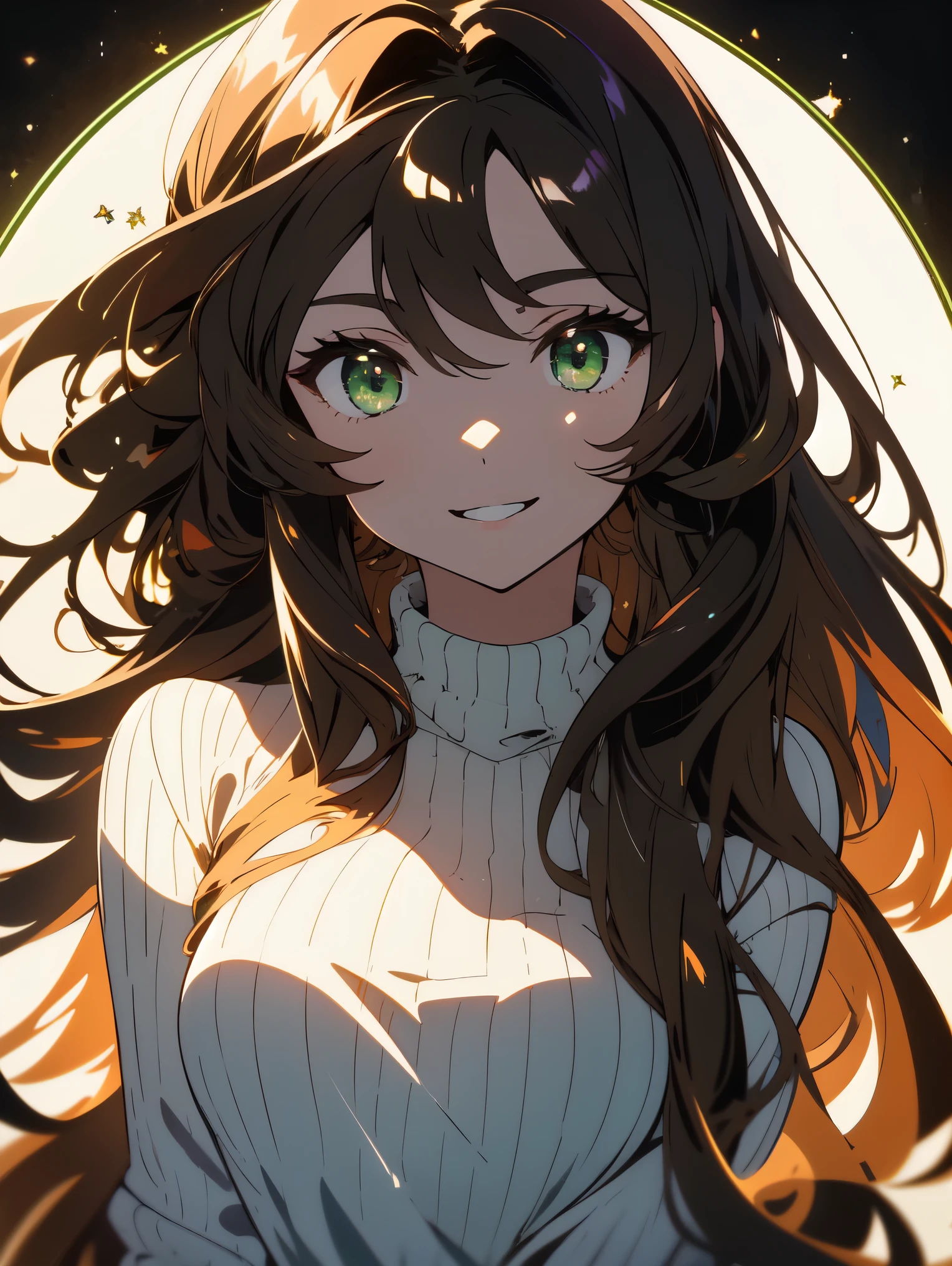 A stunning masterpiece of a beautiful and detailed high resolution portrait of a girl with long hair, Shiny brown hair and captivating green eyes, Wear a comfortable sweater、She has a gorgeous smile that highlights her small but perfectly shaped breasts。anime art.