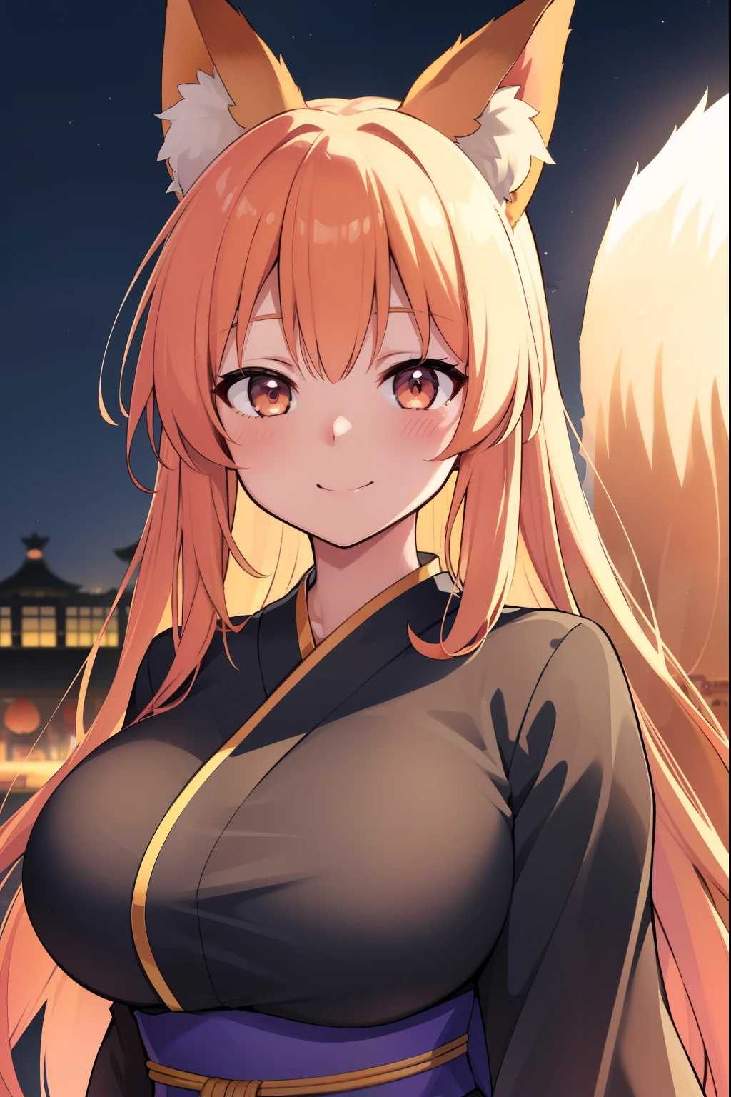 animal earsの綿毛, animal ears, fox ears, fox girl, fox tail, golden hair,  kimono, ((big breasts:1.1)),smile, blush cheeks, night, ((city summer festival)), 
looking at the viewer, upward glance, from the front, highest quality, High resolution, unity 8k wallpaper, perfect lighting,upper body portrait