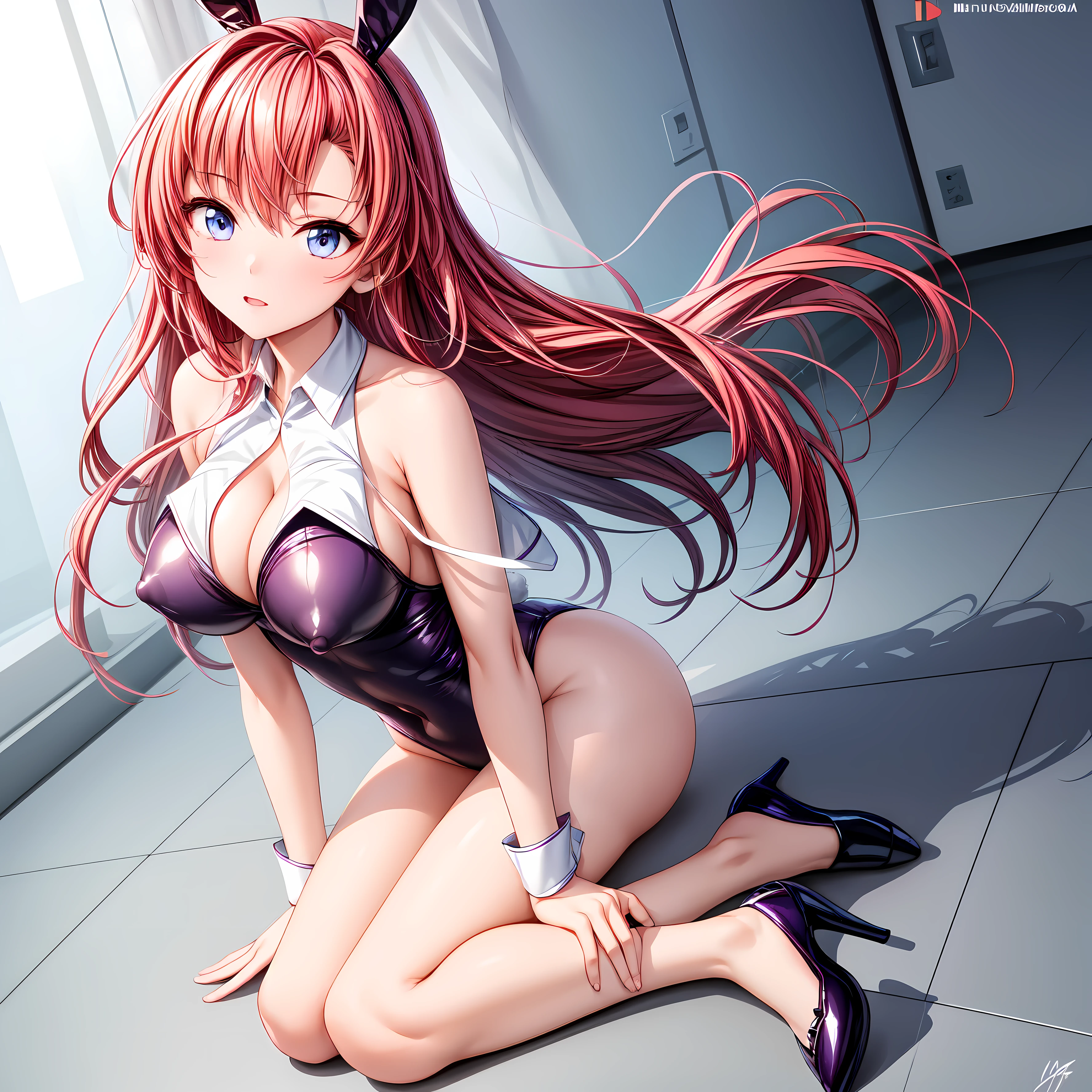 masterpiece, highest quality,beautiful eyes, beautiful hair, beautiful face, beautiful skin, alone, 1 girl, erect nipples, anime girl, (whole body), winding, beautiful breasts,shiny skin,shining eyes, smooth skin, glowing skin, soft skin, shiny skin, （Purple high-leg bunny girl leotard with no decorations on the shoulders and neck.)、side boob, cleavage, barefoot, high heels, pink hair, (naked neck:1.3), (bare shoulders:1.3), (bare clavicle:1.3)