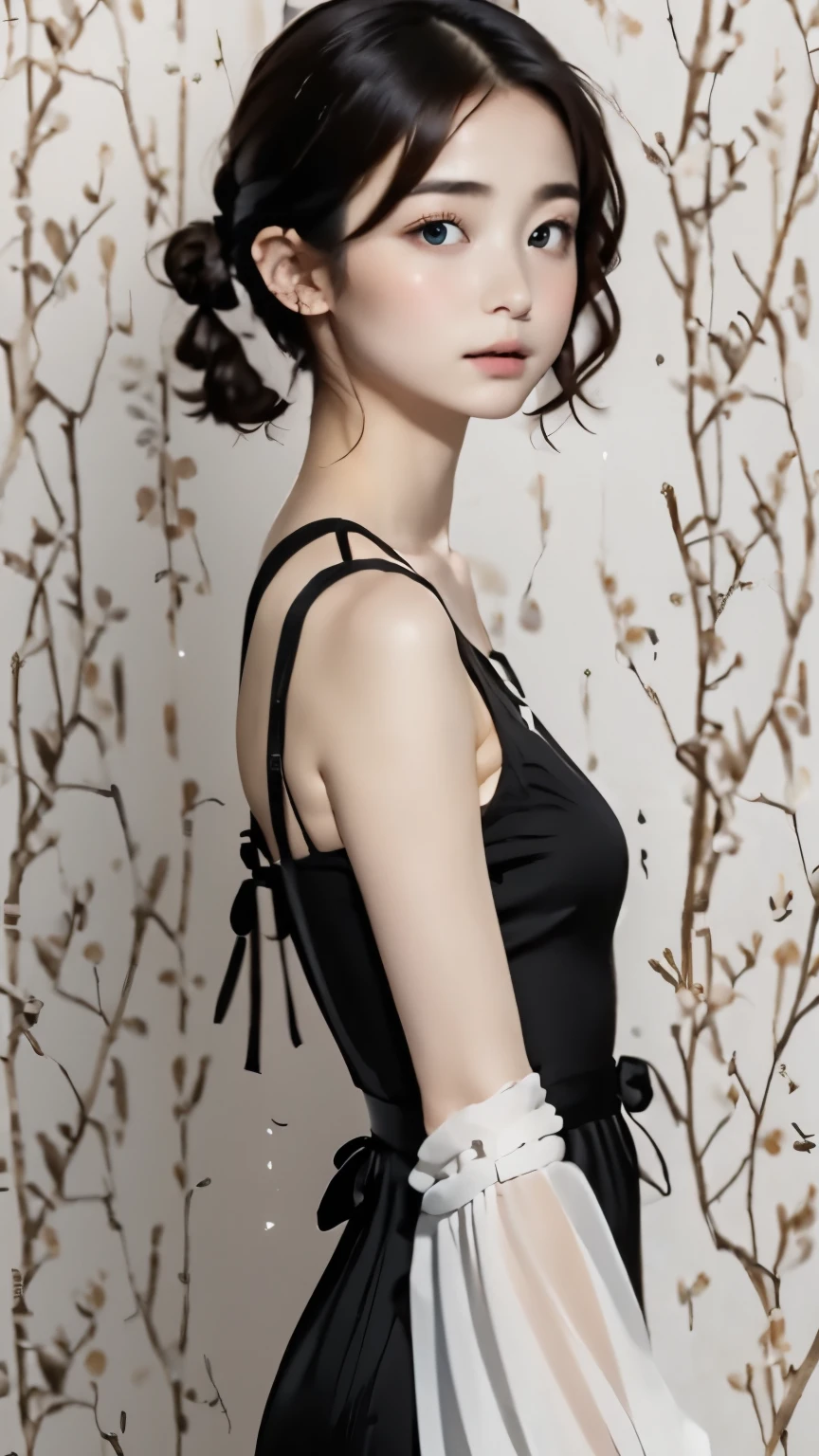((wallpaper 8k)), ((surreal)), ((Quality with attention to detail:1.2)), 1 girl, 14talent、kind eyes、plump lips、An ennui look、small breasts、small breasts、Elegant dress in black,black capelet, look up, widespread poverty, short cut hair、short hair twin tails、ash gray hair、white skin、
