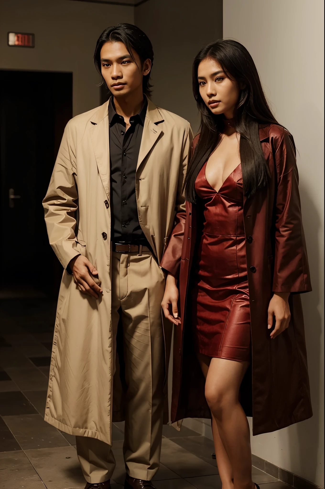 an indonesian man and an indonesian woman standing next to each other, an image, inspired by Adam Dario Keel, which is trending in the cg community, beautiful young indonesian woman, long coat, movie screencap, model elisajes from acquamodels