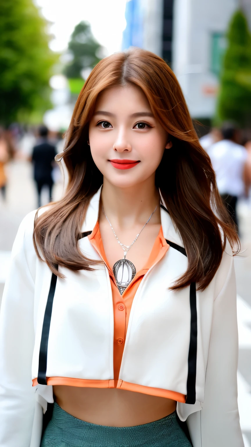 best quality, ultra-high resolution, real, photorealistic, 8K, BREAK, a Japanese girl, cute, pretty, full body, full body, BREAK, long and light brown hair, white skin, blushing cheeks, detailed red lips, drunk, smile, BREAK, black and white jacket, a big necklace, BREAK, (a lamborghini in the background:1.4, in a street), natural lighting