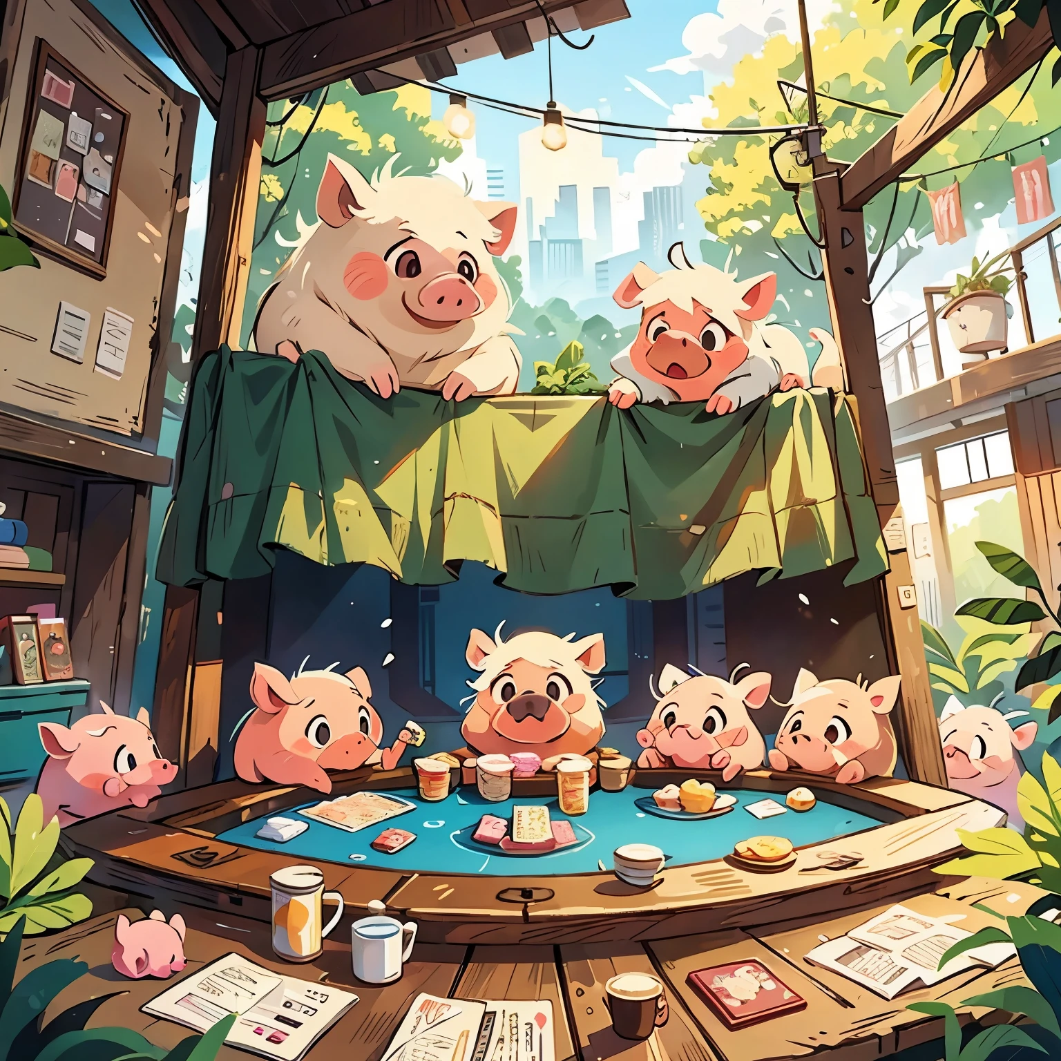 An illustration,cute pig,Scenery of pigs playing poker,A world of pigs
