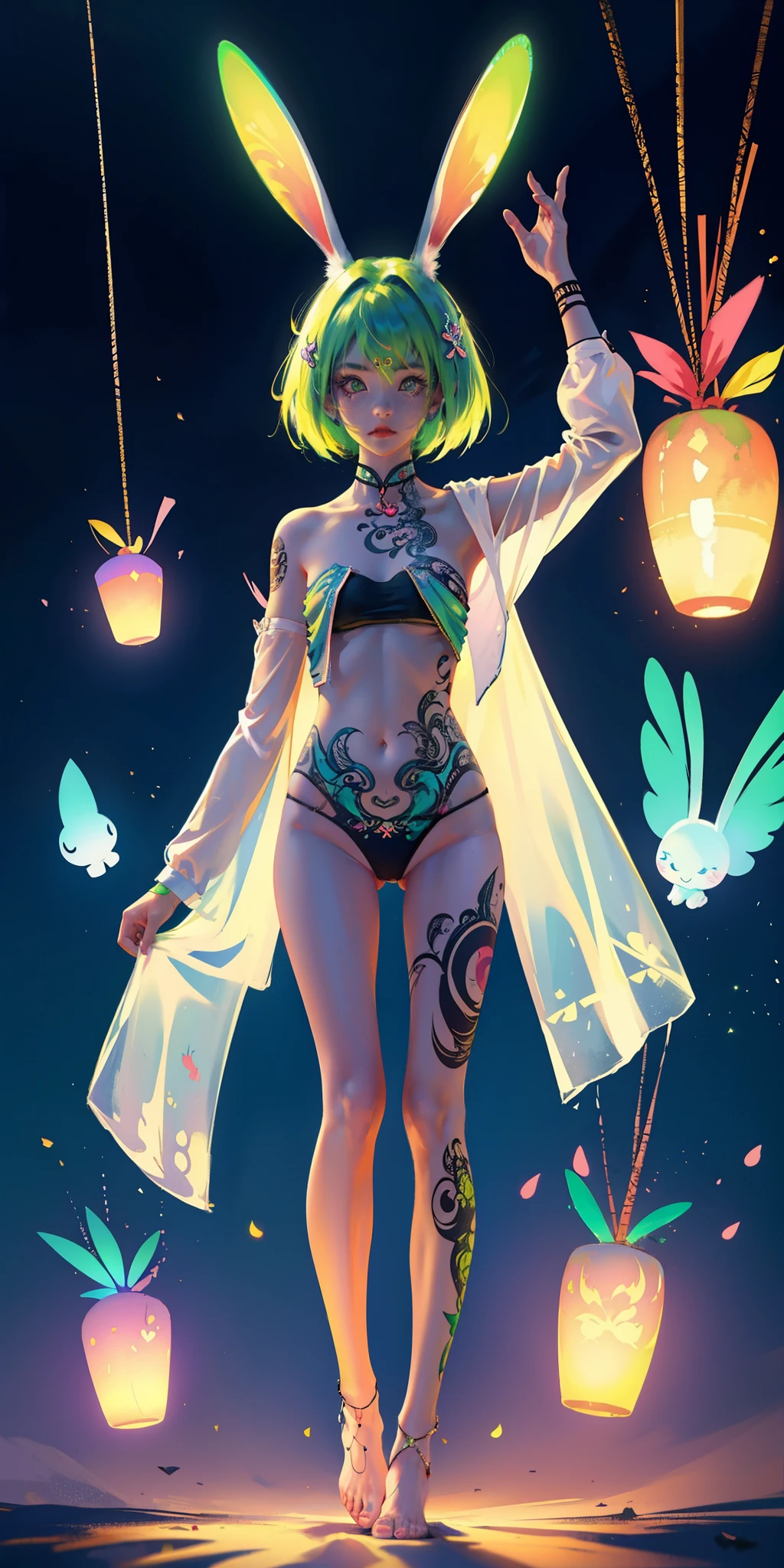 Rabbit technique , science fiction,
1 girl, tattoo, 发光tattoo, glowing eyes, Colorful glowing hair , (((whole body))), green hair,Open navel Kavitek, barefoot,pastel colors, kawaii, cutecolors,