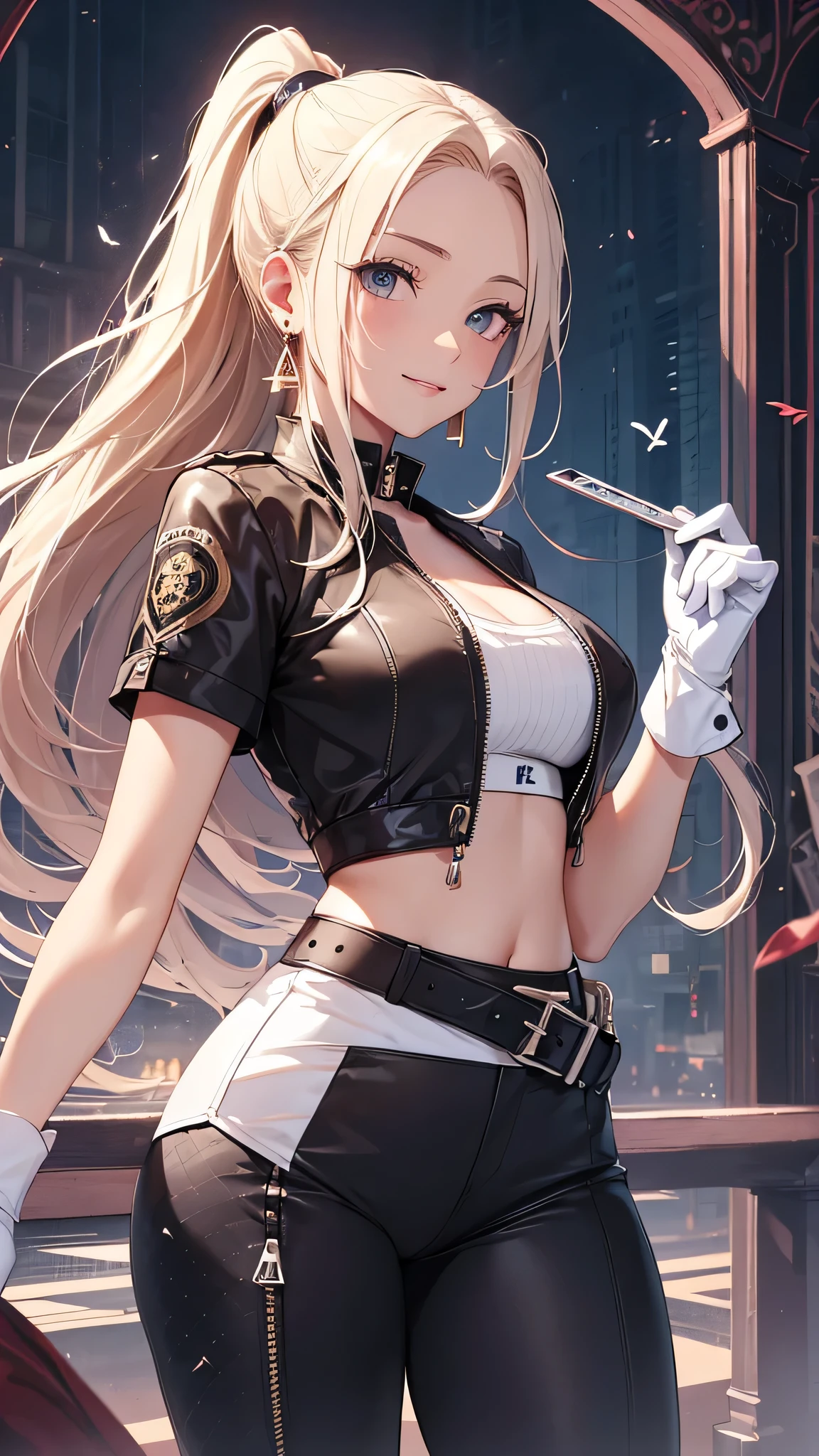 最high quality、best image quality、masterpiece、girl((20-year-old、 By becoming、vest bust、medium bust,wide open breast tea、shining eyes, blonde、long hair、thin,highest valley、ponytail、Very short shirt、short belly sports pants、cool pose、Please bring your smartphone、sweating、smile、forward leaning movement、diamond earrings、white gloves、cute pose)),high quality、beautiful art、background((casino、luxury facilities))、Flight、debris flies、Depth of written boundary、movie、visual art、perfect art、8k,genuine、
