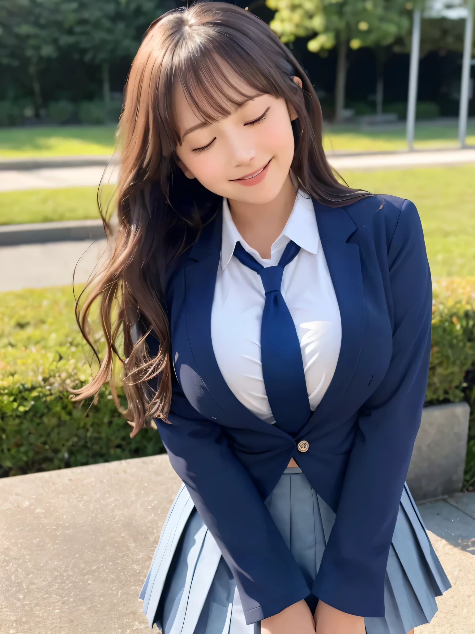 8k, highest quality, real image, intricate details, Super detailed, ultra high resolution, depth field,(realistic,realistic:1.2), (closed my eyes:1.3), (open mouth:1.4), from the middle, 1 Japanese girl, very beautiful 17 year old girl, Big eyes, beautiful breasts:1.5、highly detailed eyes:1.2), (beautiful breasts:1.1), (small breasts:1.5), wavy hair、curly hair、bangs, perfect skin, Fair skin, huge hips, thick thighs, thick legs, cleavage, tight waist, light blush, alone, looking at the viewer, (smile:1.4), ((School_uniform),(dark blue blazer), (white shirt、wear a tie), (gray pleated skirt), (sculpture installation :1.1)