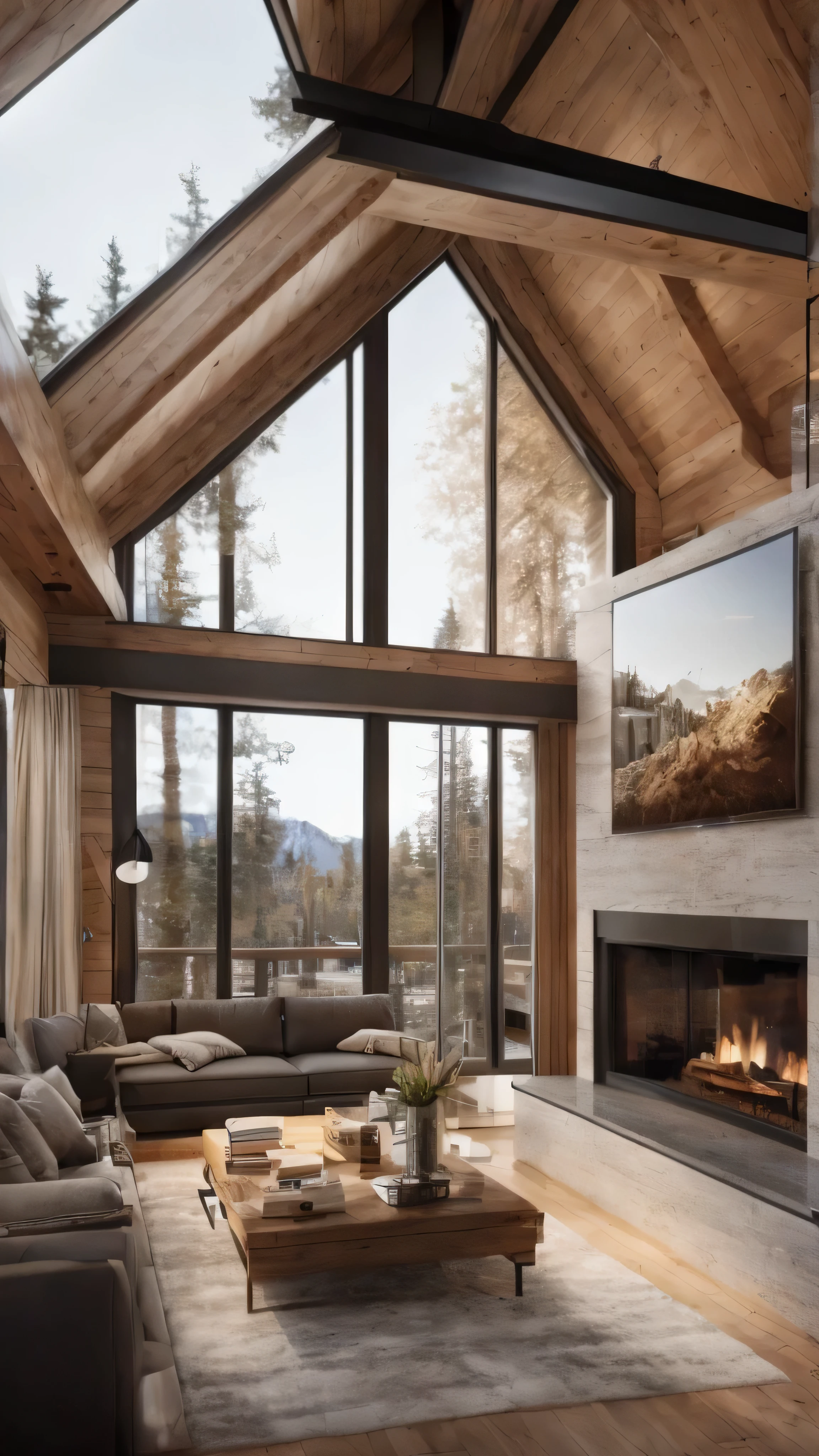 arafed living room with a fireplace and a large window, warm interior, cozy contemporary living room, warm interiors, tall ceilings, warm living room, architectural visualization, integrated in the mountains, tall ceiling, cozy living room interior, floor - to - ceiling windows, cozy living room, large windows, inside of a cabin, wide shot of a cabin interior
