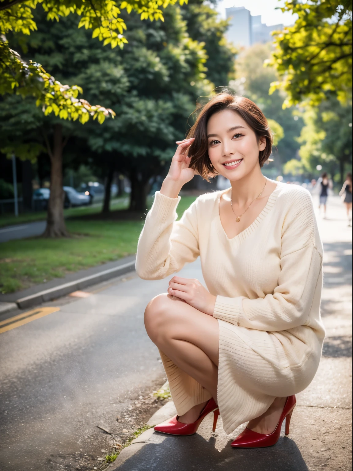 (RAW photo:1.2), (realistic:1.4),beautiful detailed woman,非常にfine eyesと顔, fine eyes, Super detailed,High resolution, very detailed,highest quality,enlightenment,unified,8k wallpaper,masterpiece,highest quality,1 female,alone,rich,Full body Esbian,(Slightly chubby body type:0.9),Toned figure,There'leg meat,slim waist,alone,(beige knit,temperament knit skirt,high heels),jewelry necklace short hair,gentle smile,dignified atmosphere,black eye,realistic,central park , (morning park:1.1)、(36 years old、Japanese)