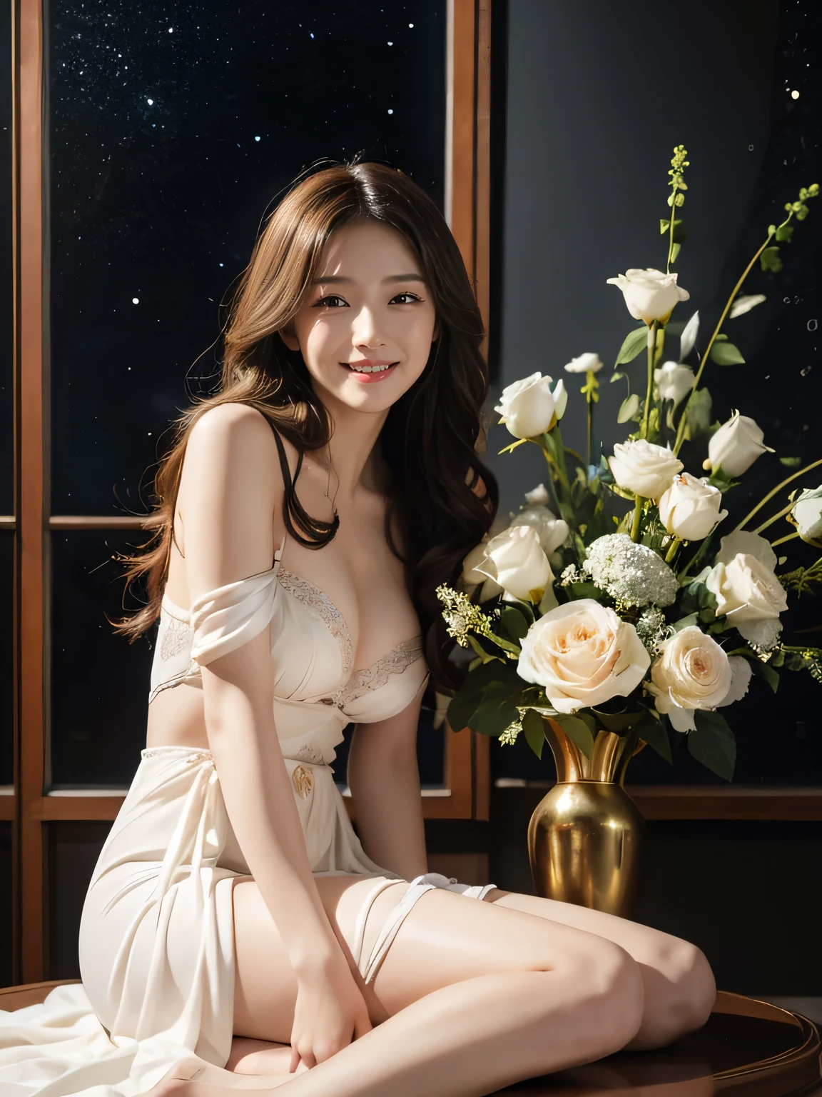 full body portrait or statue、Stained glass、12 constellations、Vigée Leblanc style、math、astronomical machine、astronaut、roses in vase、fruit、Cute trinkets、smile、ancient greek costume、Sandro Botticelli paintings、Costume that stretches your shoulders、A big smile、expression of ecstasy、sexy、beautiful bare skin、Detailed representation of the seducing woman throughout the body,Sexy lingerie