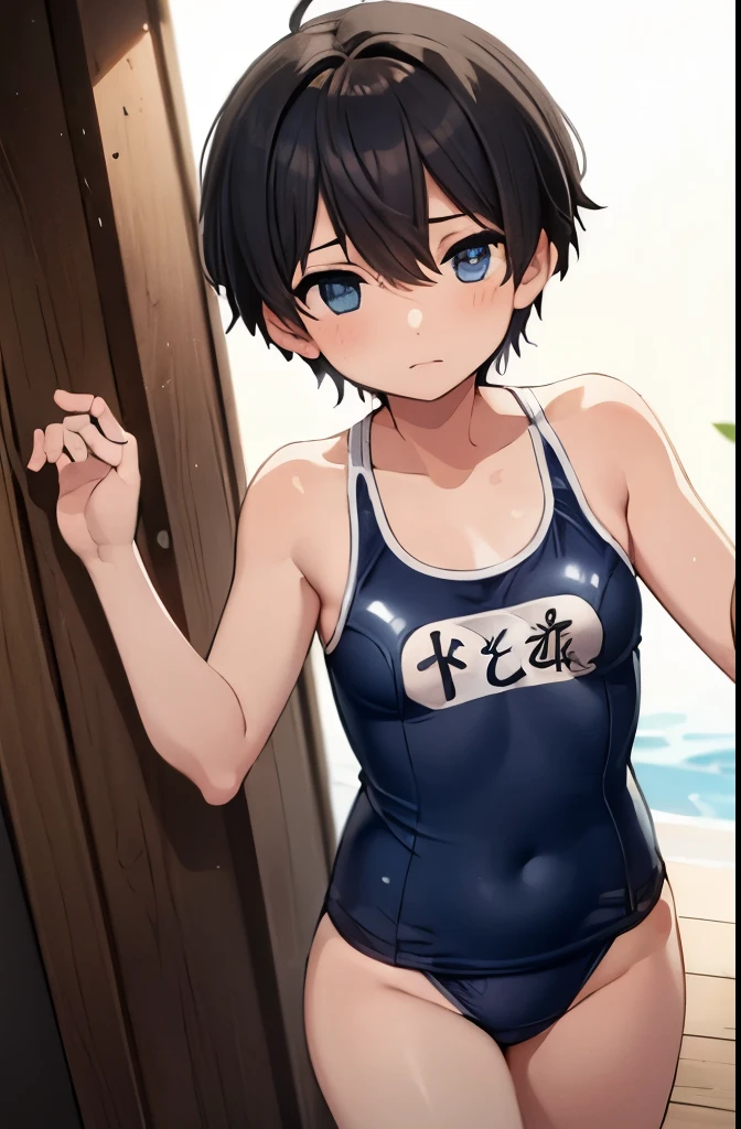 masterpiece, best quality, extremely detailed, anime ,girl, short hair, Lolita,boyish,tomboy,flat chest,school swimsuit,((( swimsuit with big V-shaped hole))), bare skin, shyness