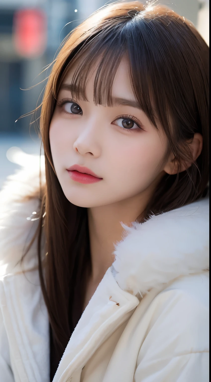 table top, highest quality, shape, Super detailed, finely, High resolution, 8k wallpaper, 完璧なダイナミックな構shape, beautiful and detailed eyes, Gorgeous winter fashion using fur,straight hair,small breasts、natural color lip,20 year old girl、cute、sexy looking at camera,beautiful and detailed face,perfect and beautiful face,KPOP idol face,Japanese idol faces,Elegant face,RAW photo,Big eyes,gal makeup,blur the background、real photos