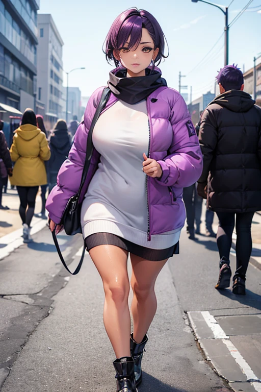(mature woman) huge (walking on the street tanned skin full body) sweat steam (purple hair) (bright yellow eyes) variants (((winter clothing))), (best quality:1.1), (masterpiece:1.4), (absurdres:1)