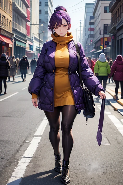 (mature woman) huge  (walking on the street tanned skin full body) sweat steam (purple hair) (bright yellow eyes) variants (((winter clothing))), (best quality:1.1), (masterpiece:1.4), (absurdres:1)