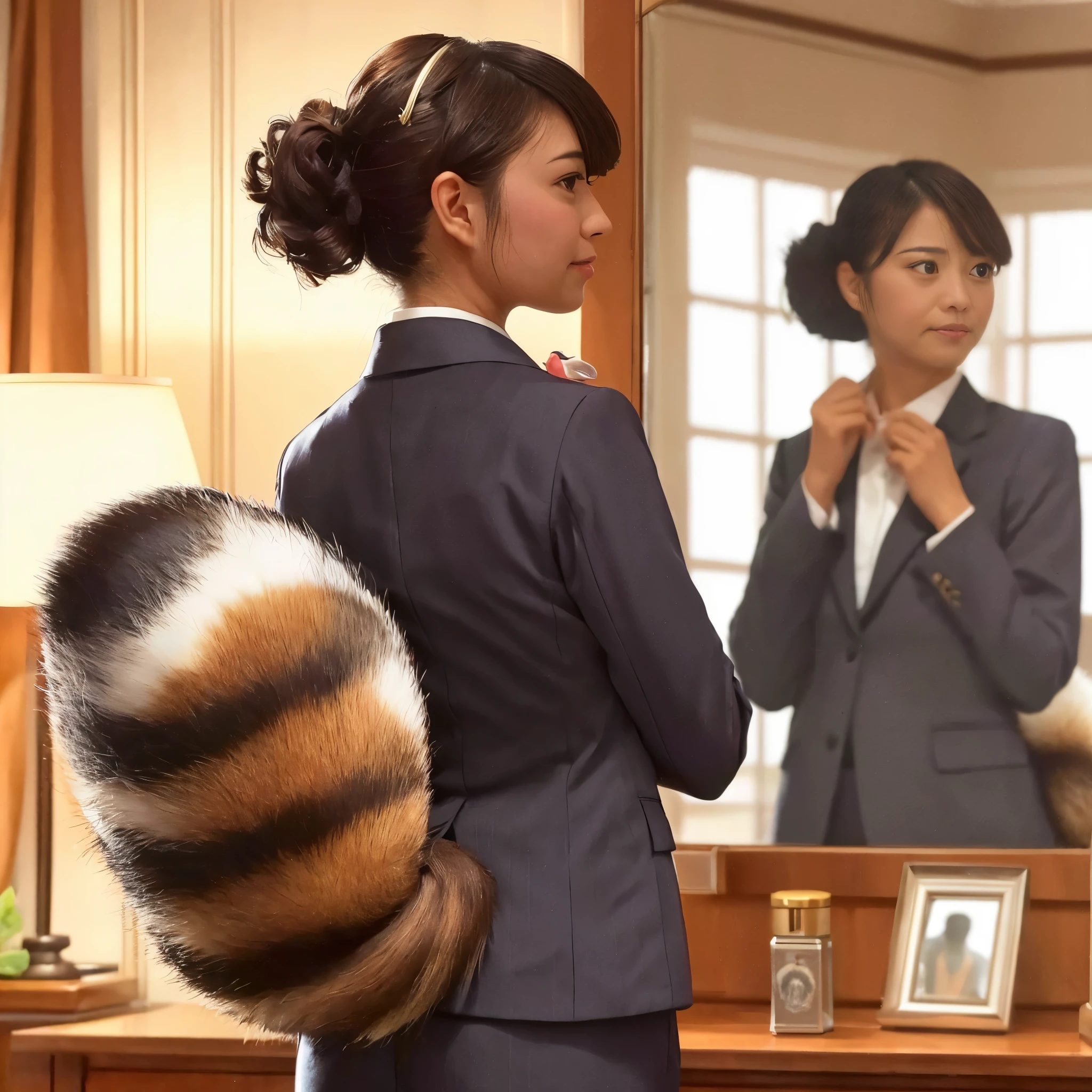 There is a woman in a suit and a raccoon dog in the mirror., 非常にdetailed, detailed, furry, bushy tail, photograph, highest quality