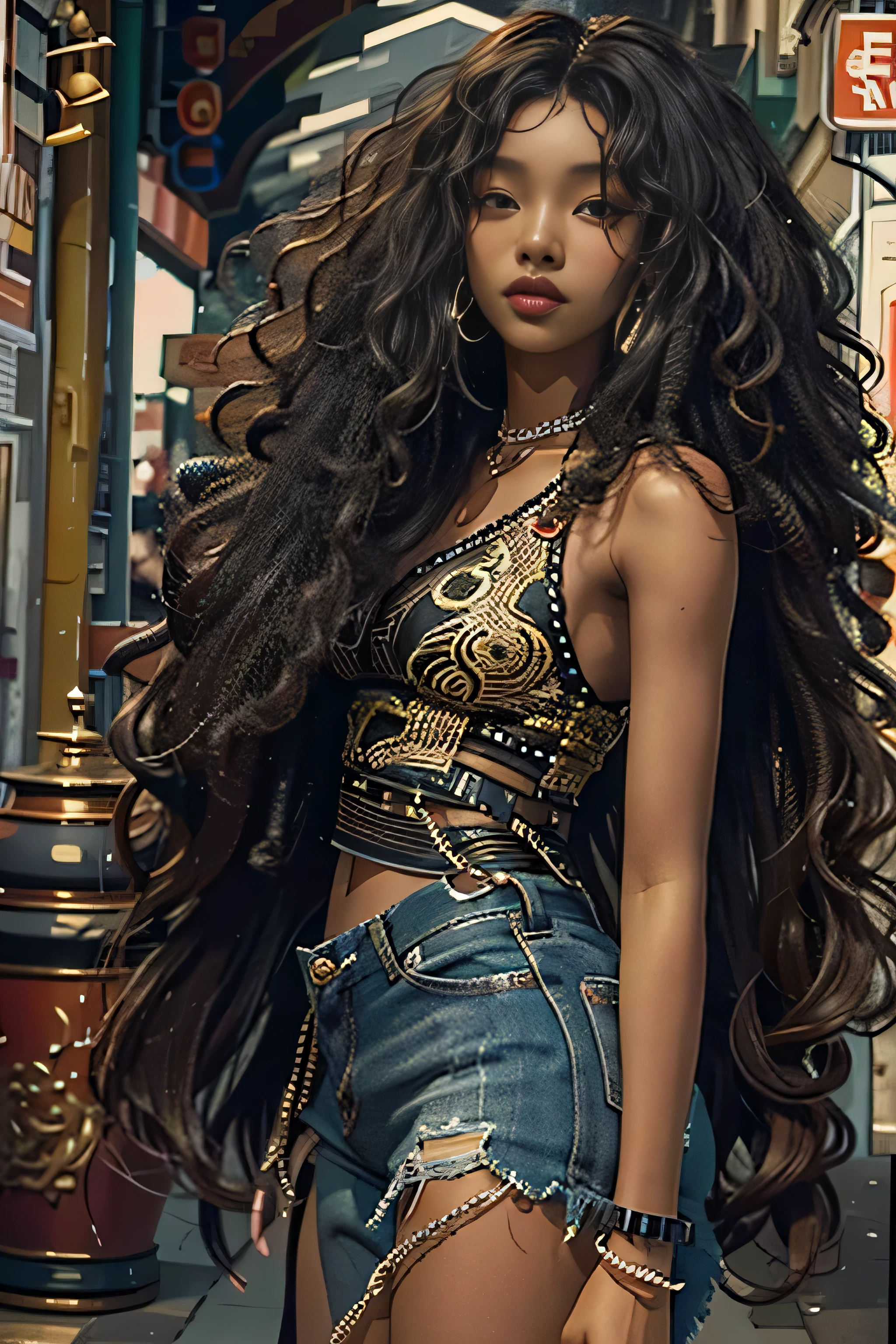 Araffe woman with long black hair and a gold top - SeaArt AI