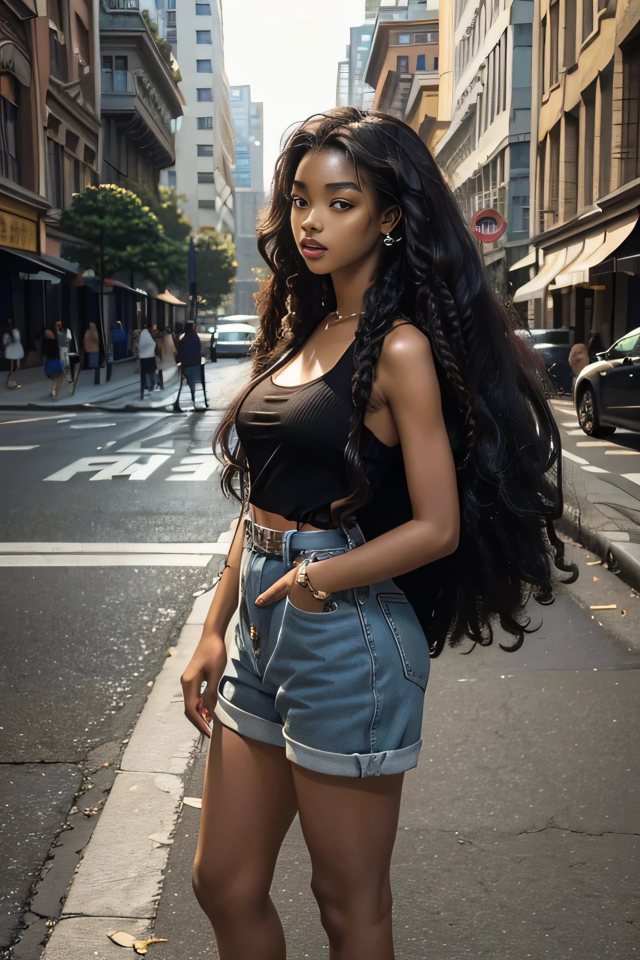 masterpiece, best quality, beautiful African and Asian mixed , ebony skin female, long, frizzy, curly dark hair, perfect face, long hair, melanin, curly hair,  street wear