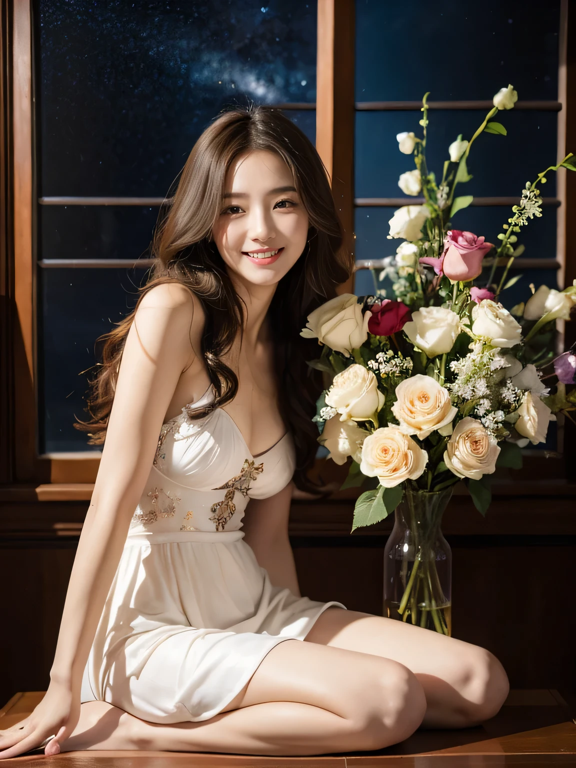 full body portrait or statue、Stained glass、12 constellations、Vigée Leblanc style、math、astronomical machine、astronaut、roses in vase、fruit、Cute trinkets、smile、ancient greek costume、Sandro Botticelli paintings、Costume that stretches your shoulders、A big smile、expression of ecstasy、sexy、beautiful bare skin、Detailed representation of the seducing woman throughout the body