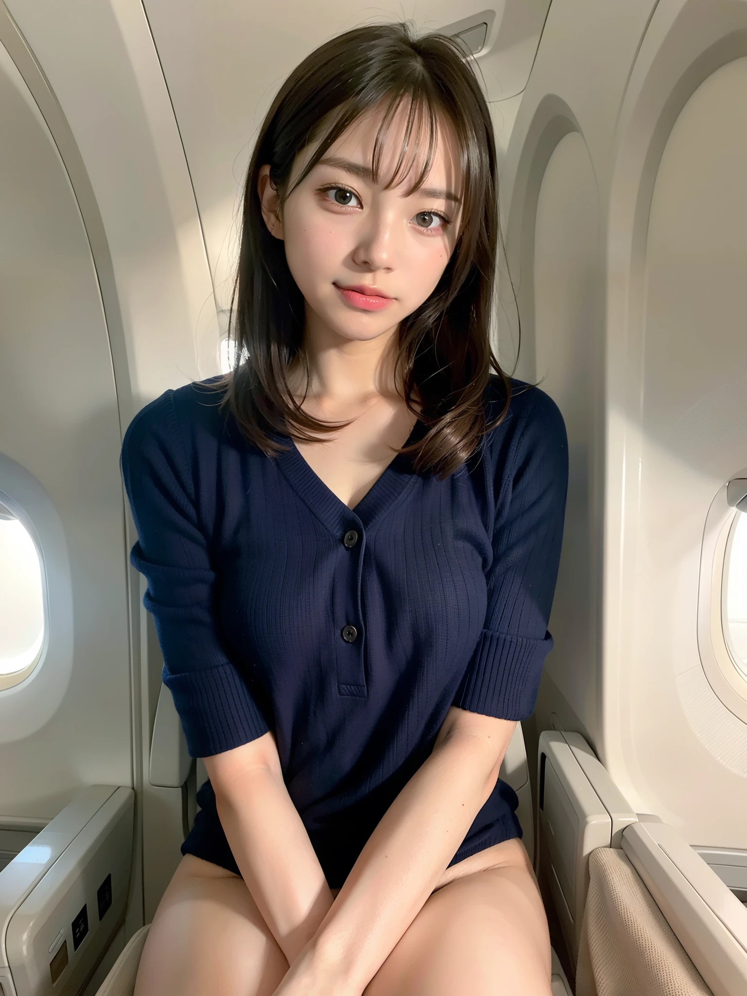 a girl, (enjoying vaginal sex, inserting penis to your pussy: 1.2), sexually lewd face, open your legs, stewardess, nipples, happy face, compact short hair, best quality, photo realistic
