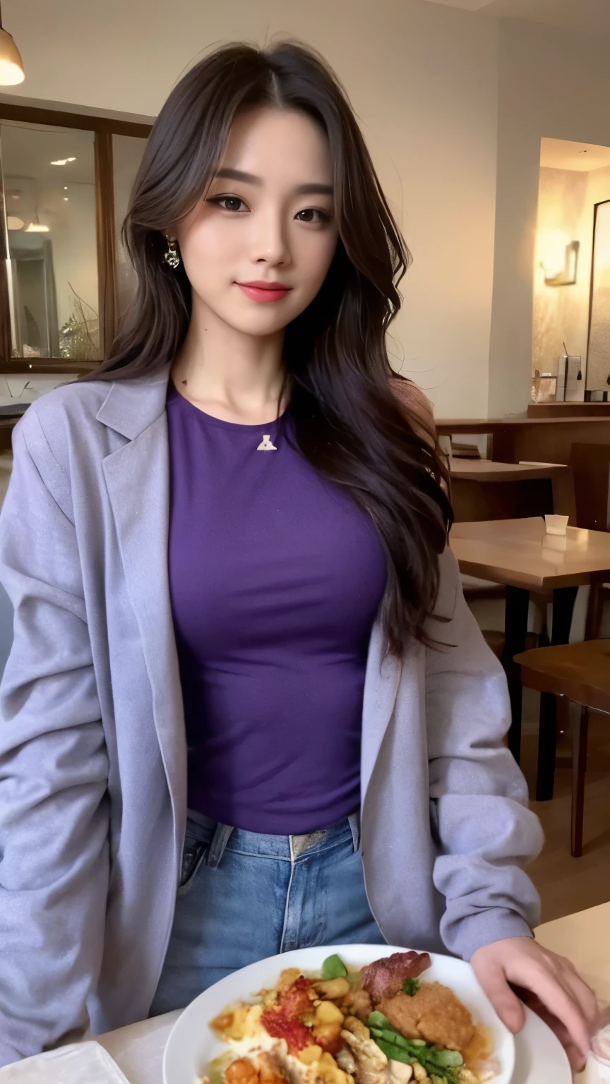 ((top-quality、8k、masterpiece:1.3))、Beautiful woman with perfect body:1.4、slim abdomen:1.2、Longhair, normal breast, Highly detailed facial and skin texture, A detailed eye, delicate eyes, double eyelid, (smile), (full body shot), ((restaurant 1.2)), (standing), ((wearing purple t-shirt with jacket)), looking in front, (food on the table)