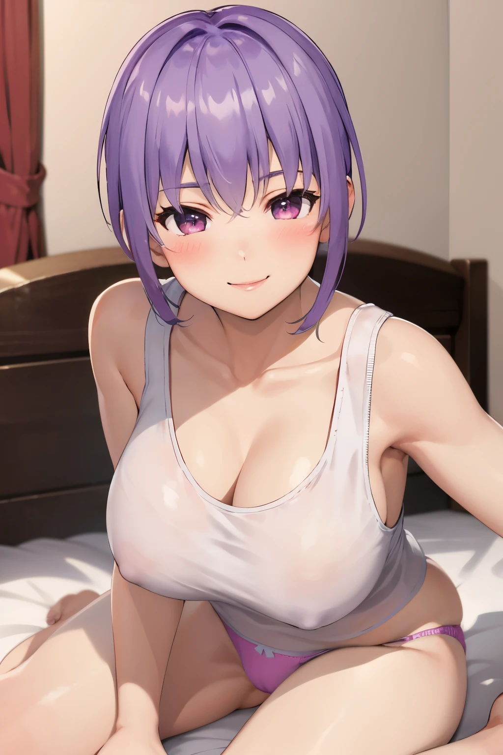Ayane, 1 girl, smile, blush cheeks, Bedroom, big breasts, Tank top, lie down on the bed,adult panties