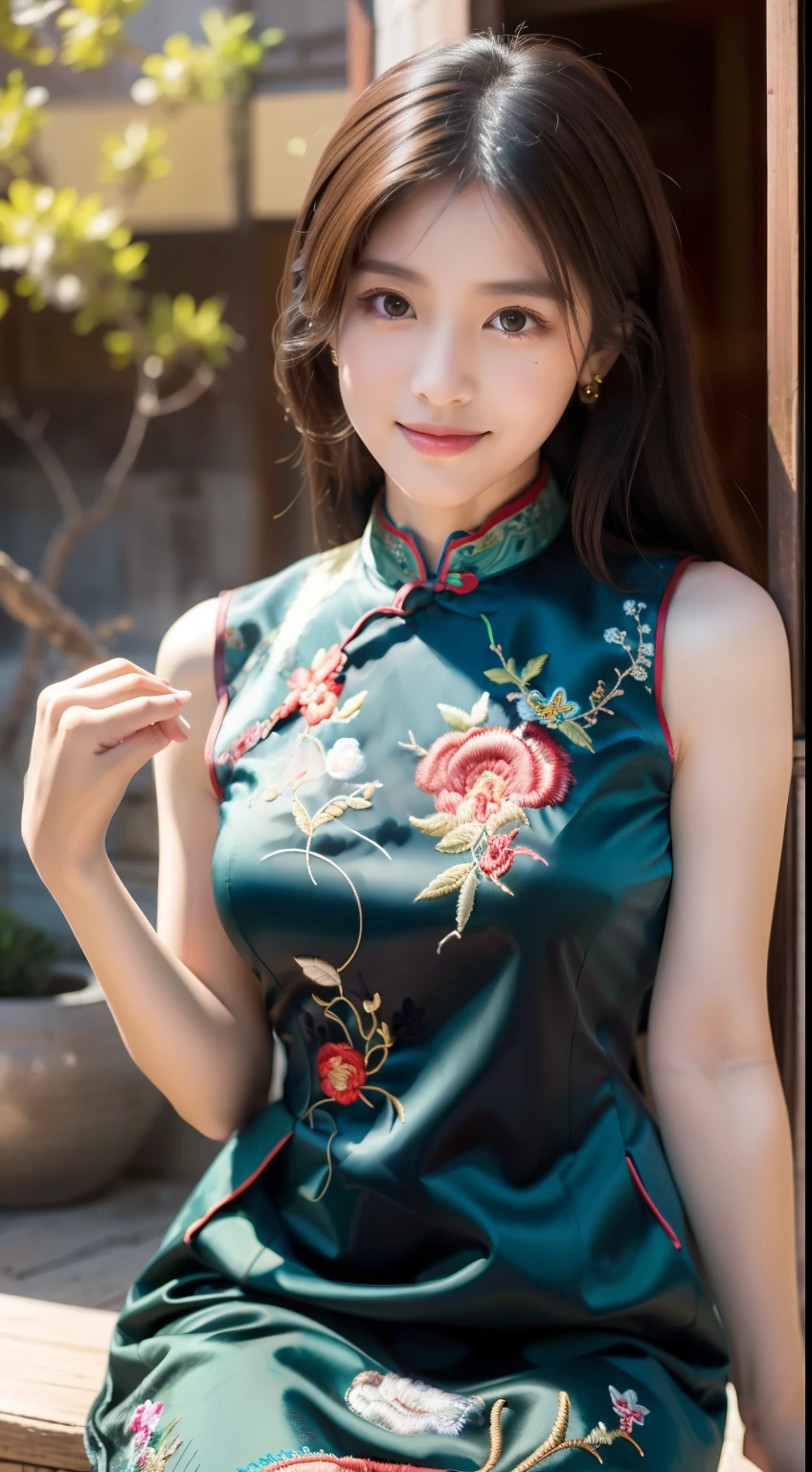 ulzzang -6500-v1.1, (Raw foto:1.2), (Photorealsitic:1.4), Delicate beautiful girl，The sparkling eyes have a very nice atmosphere......................，13years, Attractive eyes and moist lips，cabelos preto e longos，（ssmile：1.3），Detailed depiction of the face，Formula details，Detailed depiction of facial features Star Masterpiece Fine Detail，Describe your role in detail，Detailed depiction of hair，Carefully drawn ，My body is bumpy，Detailed depiction of the hand，Clothes drawn in detail，Detailed depiction of the face，face perfect，Detailed depiction of the hand，4fingers and 1thumb：1.3），orthofacial，choker necklace，eardrop, Works of masters，Infinitely close to reality，（Full body photo：1.5），Highest image quality，best qualtiy，infinite details，8k resolution，(((Beautiful patterned embroidered cheongsam 1.3)))，((dark green cheongsam dress)))，（Ancient courtyard scene：1.3）,A smile, Constriction of the lower back, sexy  pose,Bold poses, Beautiful legs visible through the slit of a long skirt, large full breasts, Neatly bundled hair