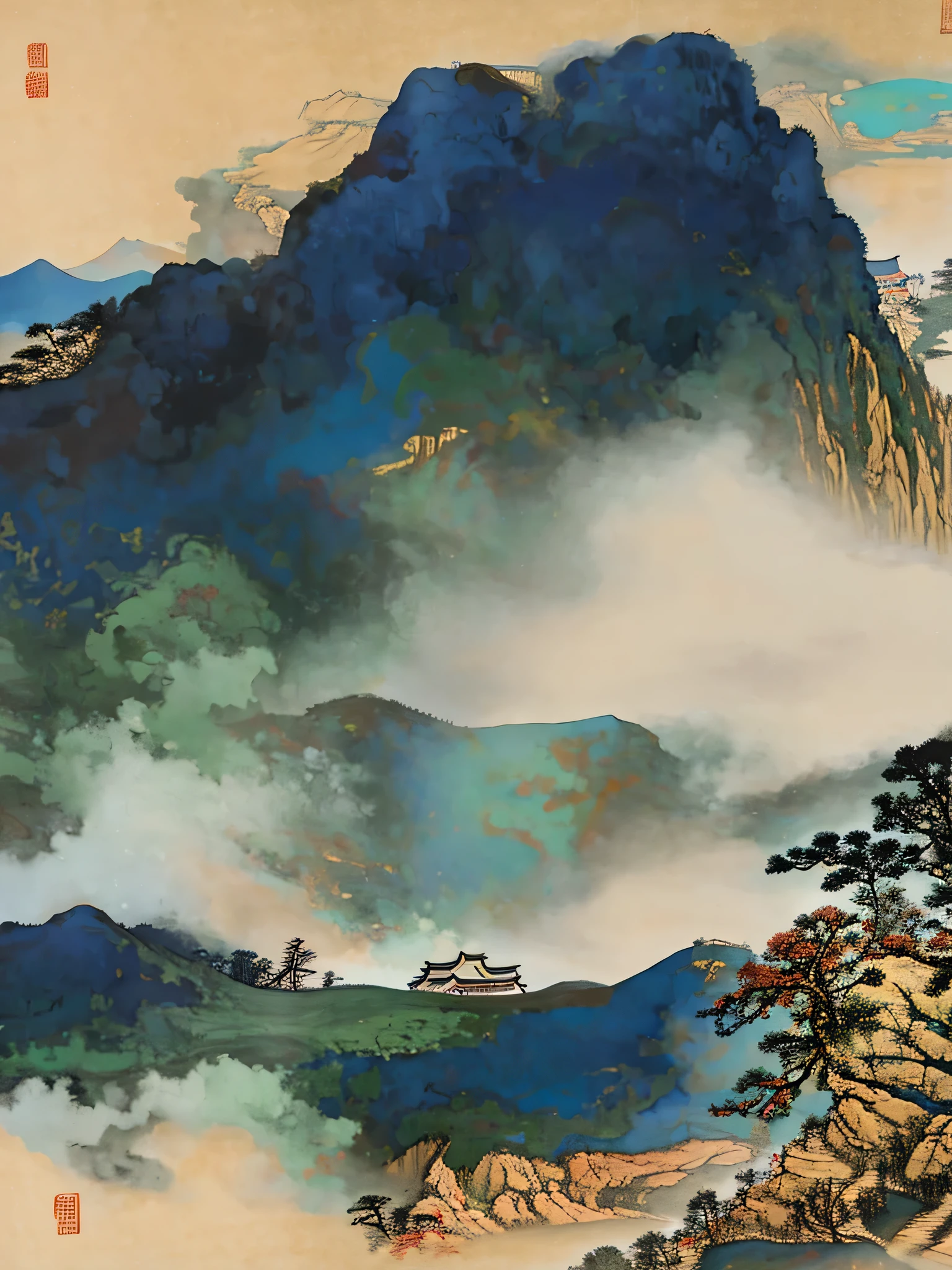 Close-up of mountains with sky as background, Chinese scenery,,Song, author：Wang Ximeng,  Chinese style painting, Chinese Arts, fushan, Ming Dynasty, Inspired by Ma Lin