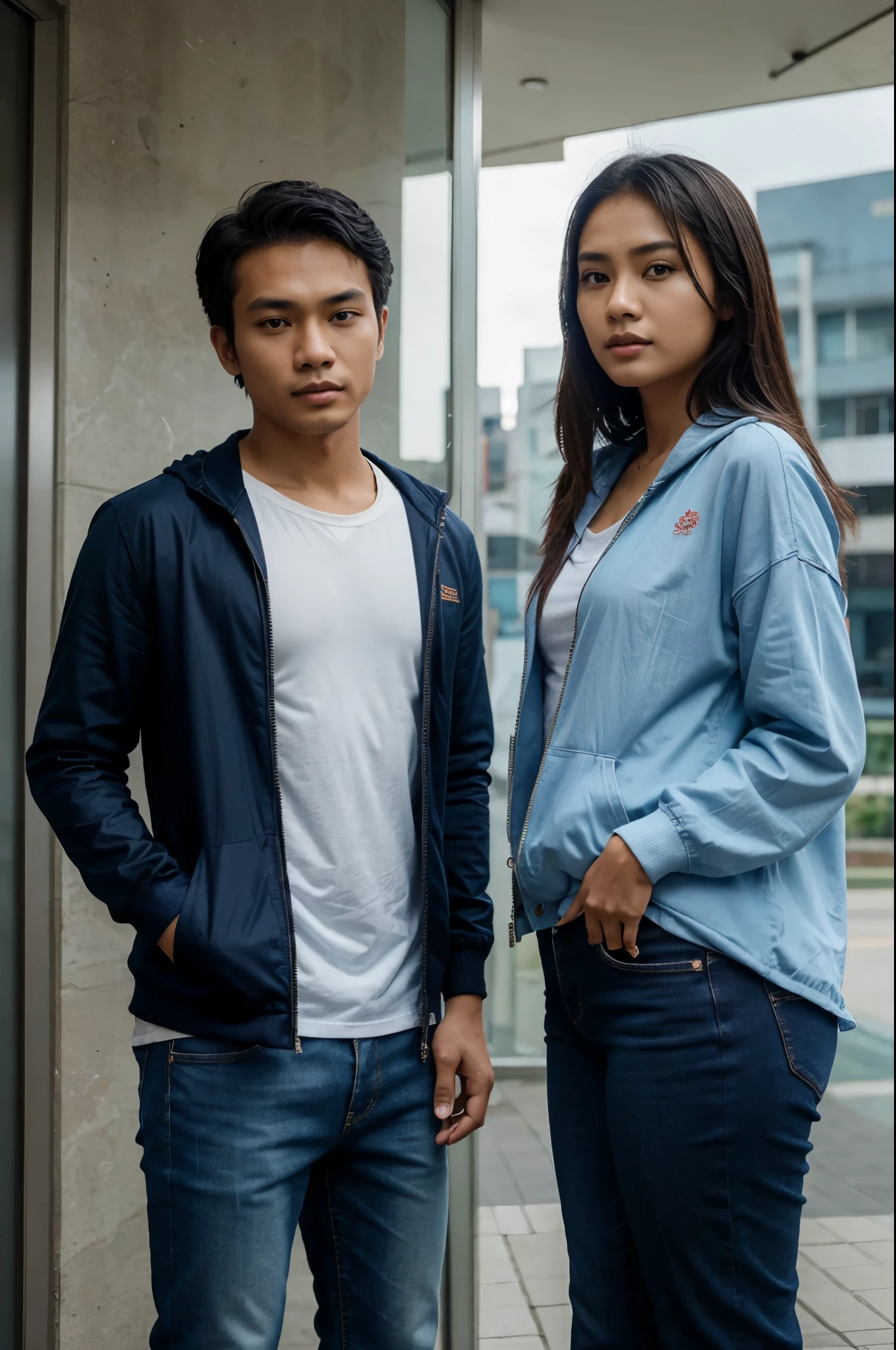 an Indonesian man and an Indonesian woman standing next to each other, an image, inspired by Adam Dario Keel, which is trending in the cg community, handsome young Indonesian man, Hoddie jacket, jeans with a beautiful young Indonesian woman, blue blouse, jeans short, movie screencap, model elisajes from acquamodels