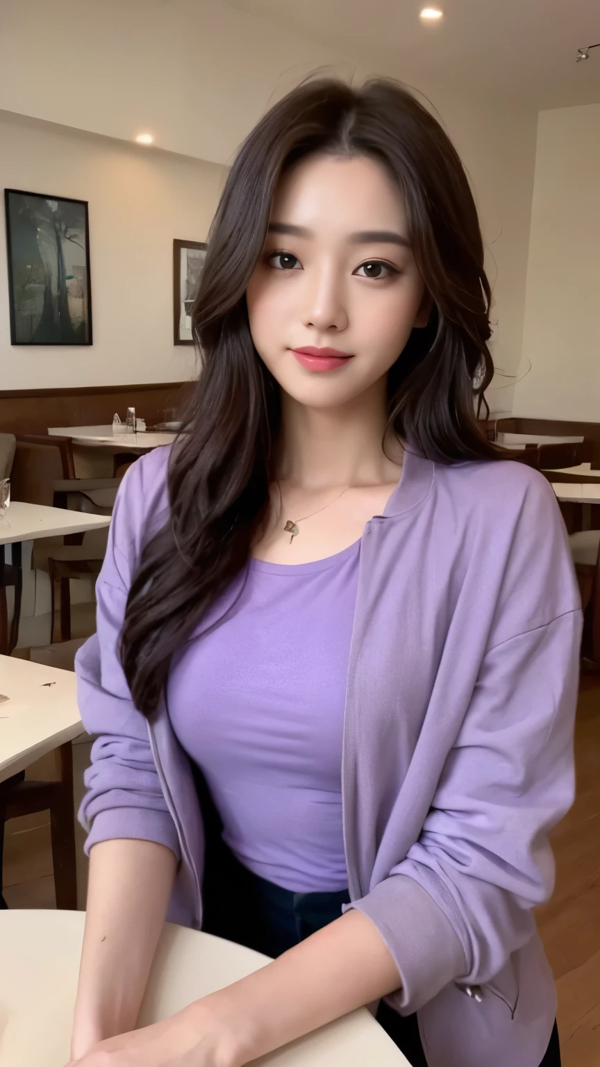 ((top-quality、8k、masterpiece:1.3))、Beautiful woman with perfect body:1.4、slim abdomen:1.2、Longhair, normal breast, Highly detailed facial and skin texture, A detailed eye, delicate eyes, double eyelid, (smile), (full body shot), ((restaurant 1.2)), (sitting on chair), ((wearing purple t-shirt with jacket)), looking in front, (food on the table)