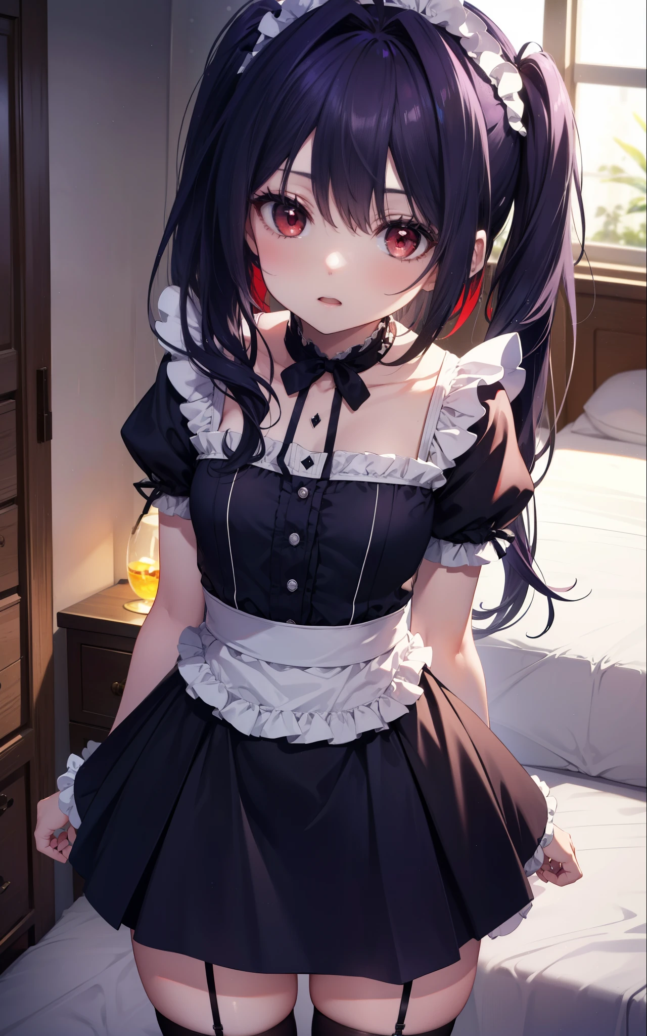 yuukikonno, Yuki Konno, hair band, long hair, pointed ears, purple hair, (red eyes:1.5), (small breasts:1.2),Ahoge,tilt one's face, open your mouth,she was wearing a maid skirt, black stockings on her legs, put both arms behind one's back,slouch,peek from above,
break looking at viewer, Upper body, whole body,
break indoors, Bedroom,
break (masterpiece:1.2), highest quality, High resolution, unity 8k wallpaper, (figure:0.8), (detailed and beautiful eyes:1.6), highly detailed face, perfect lighting, Very detailed CG, (perfect hands, perfect anatomy),