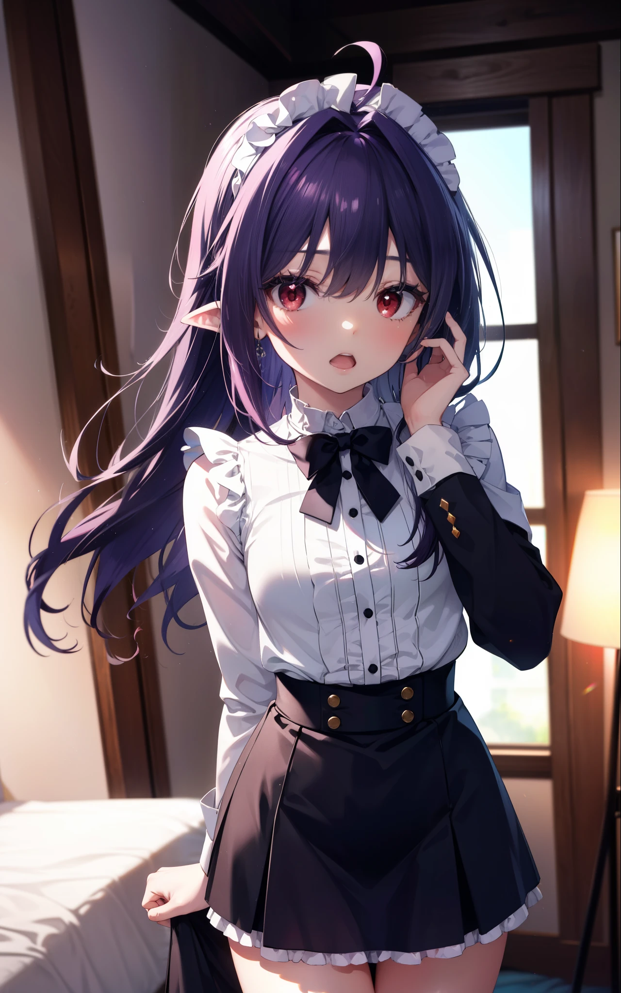 yuukikonno, Yuki Konno, hair band, long hair, pointed ears, purple hair, (red eyes:1.5), (small breasts:1.2),Ahoge,tilt one's face, open your mouth,she was wearing a maid skirt, black stockings on her legs, put both arms behind one's back,slouch,peek from above,
break looking at viewer, Upper body, whole body,
break indoors, Bedroom,
break (masterpiece:1.2), highest quality, High resolution, unity 8k wallpaper, (figure:0.8), (detailed and beautiful eyes:1.6), highly detailed face, perfect lighting, Very detailed CG, (perfect hands, perfect anatomy),