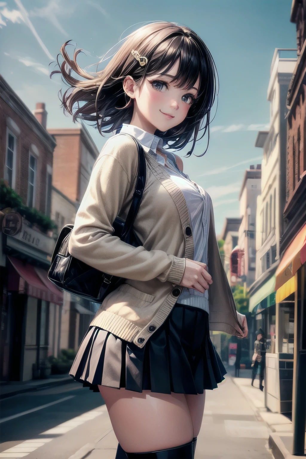 very cute and beautiful girl,teen,(highly detailed beautiful face),white blouse,
(smile),cowboy shot,looking at viewer,
(beige cardigan:1.15) BREAK zettai ryouiki,brown shoulder bag,brown boots,
dynamic pose,hair ornament,black hair,(pleated black mini skirt:1.2),(skirt fluttered in wind:1.2),(white panties),
standing in front of cake shop show window,downtown street,
(best quality,masterpiece:1.2),absurdres,highres,ultra-detailed,extremely detailed,32k,8k resolution,
intricate details,cinematic scene,detailed background,solo,dynamic angle,
natural lighting,hair fluttering in the wind,beautiful detailed sky,