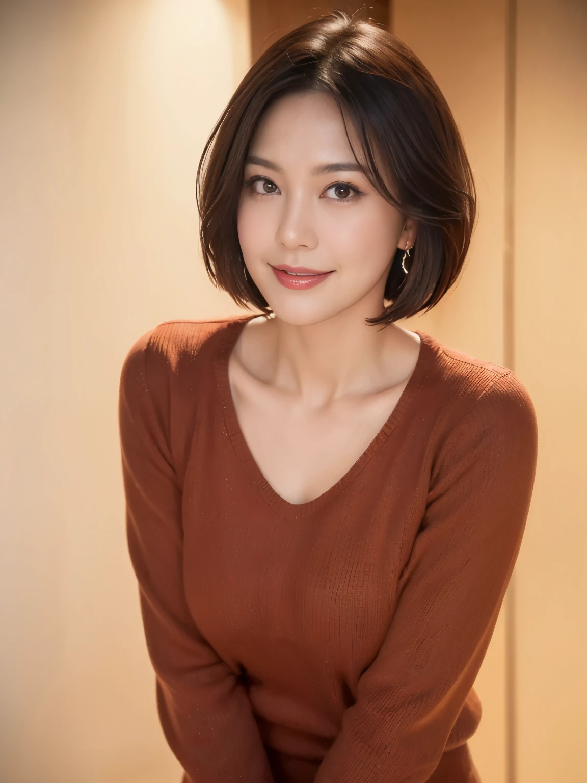 one mature woman、38 years old、Japanese,looking at the viewer,(brown sweater),(white wool pants),（真珠のnecklaceを着けている）、 shiny face,shiny skin,shortcut,necklace,earrings,normal size breasts,black hair,red mouth,clavicle,beautiful fingers,full body portrait,  short hair, bob cut, 8k, Super detailed, highest quality, rough skin, anatomically correct, masterpiece , highest quality, cinematic lighting, Use perspective throughout , surrealism , ,(realistic:1. 3),(RAW photo) , black hair, light smile, short hair, bob cut, anaglyph, stereogram, (mature woman:1), (38 years old), ((close:0.5)), glare, double eyelid, lip gloss, (smile:1), ((close your eyes:0.85)), red mouth, clavicle, ((looking at the viewer)), (short hair of reddish-brown color wet and shiny,), (I can see the whole body) , Slightly thick body type , wide eyed , perfectly round eyes , fine texture 