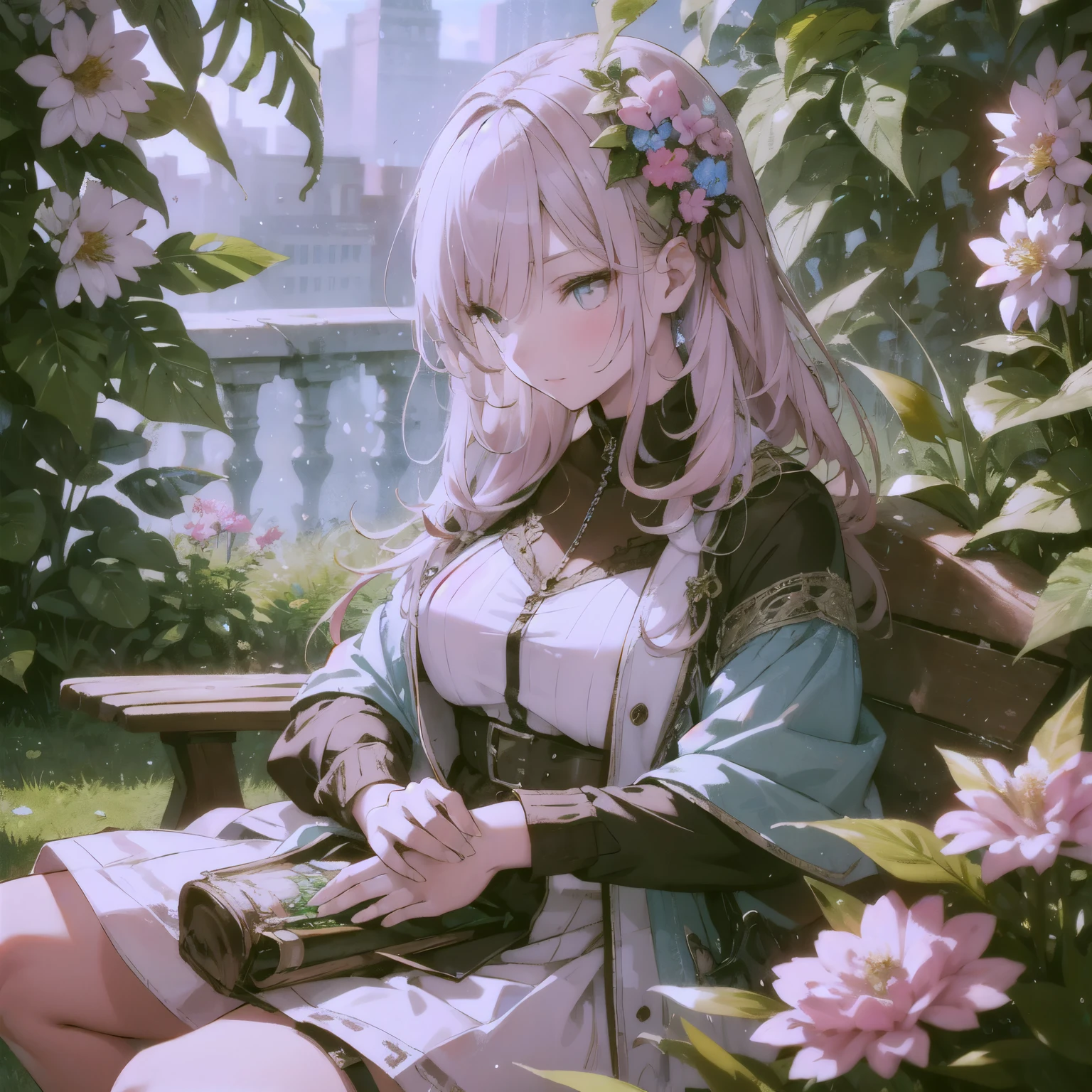 Natural light, floating hair, soft smile, profile, light pink hair, Spring flower,