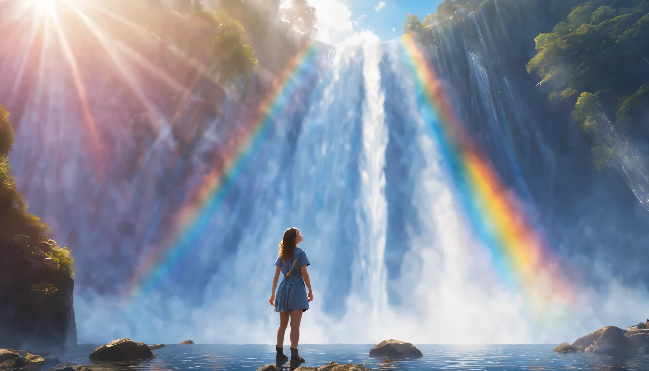 low angle view，The girl standing in front of the huge waterfall looks up，water vapor rising，rainbow，sun glare spots，realistic raytracing，True light reflection，real light refraction，Ultra-fine，Surreal，Super dreamy，extreme portrayal，8k，masterpiece，