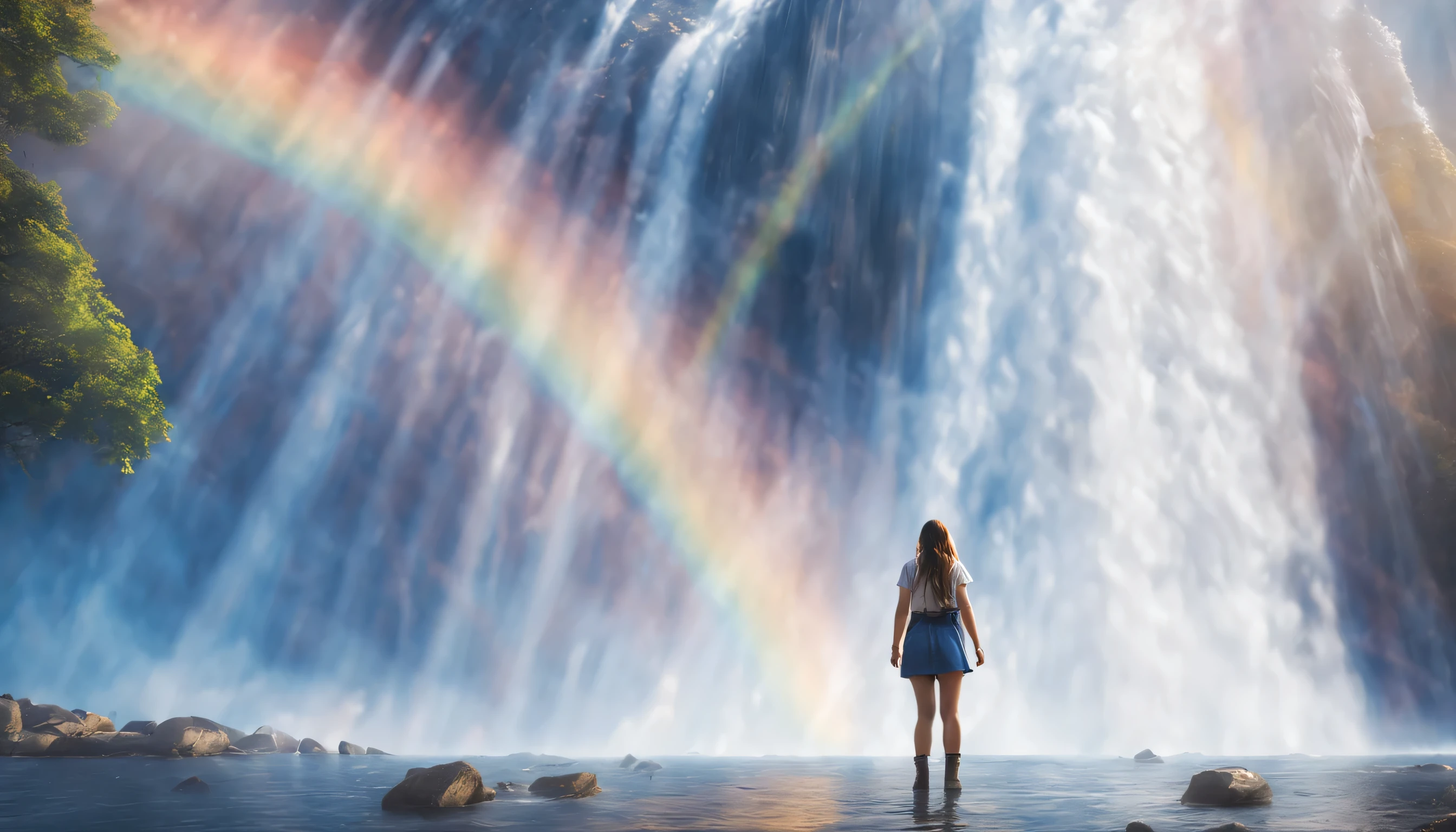 low angle view，The girl standing in front of the huge waterfall looks up，water vapor rising，rainbow，sun glare spots，realistic raytracing，True light reflection，real light refraction，Ultra-fine，Surreal，Super dreamy，extreme portrayal，8k，masterpiece，
