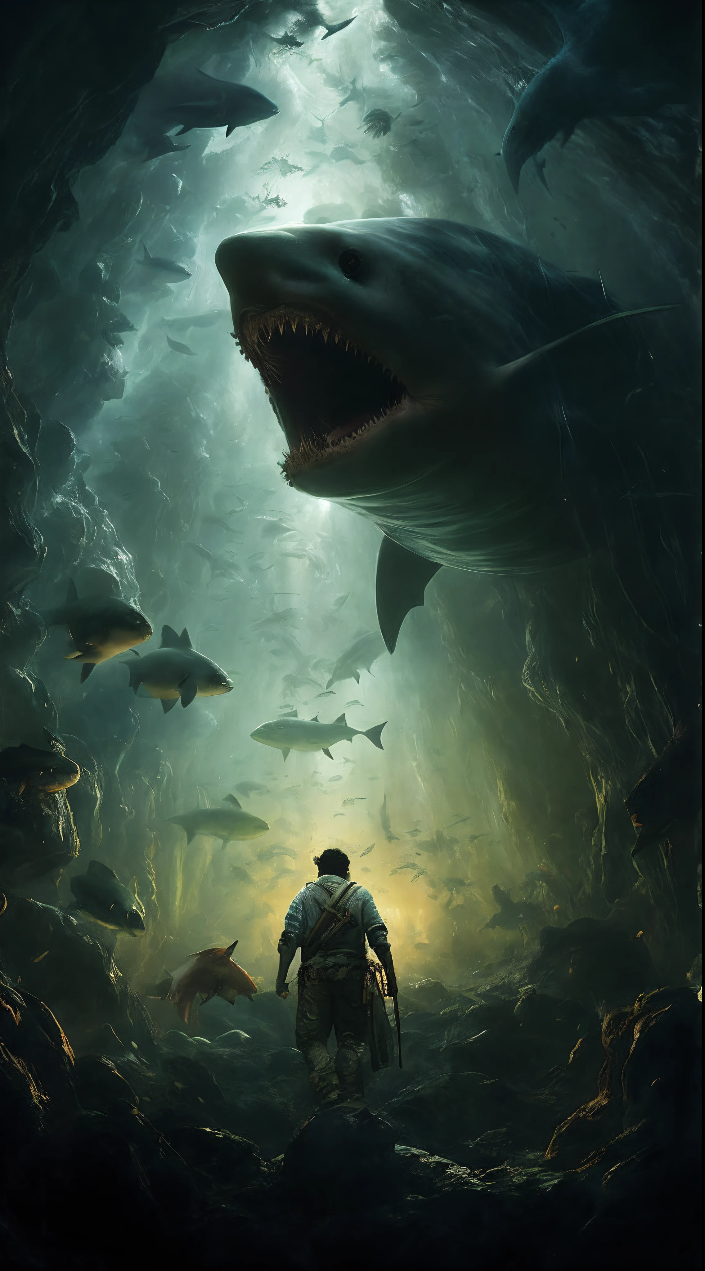 A man stands in a cave,Sharks and sharks in the background, Book cover art, Tarasso Faobia, epic poster art, sci - fi horror art, Epic fantasy science fiction illustration, Epic surrealist 8K oil painting, Sylvain Salle and Igor Mosky, deep sea horror, Inspired by Stephen Cordell, Wojtek FUS