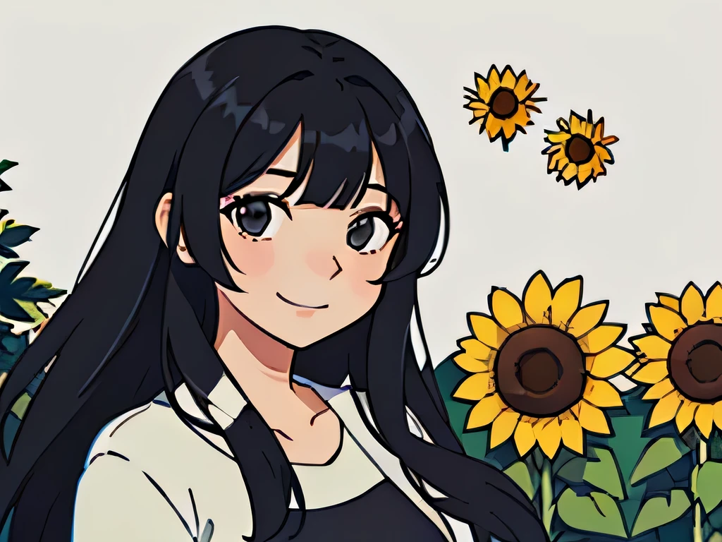 Perfect anime illustration, portrait of a girl having long black hair with bangs, posing with beautiful sunflowers, adorned, smiling
