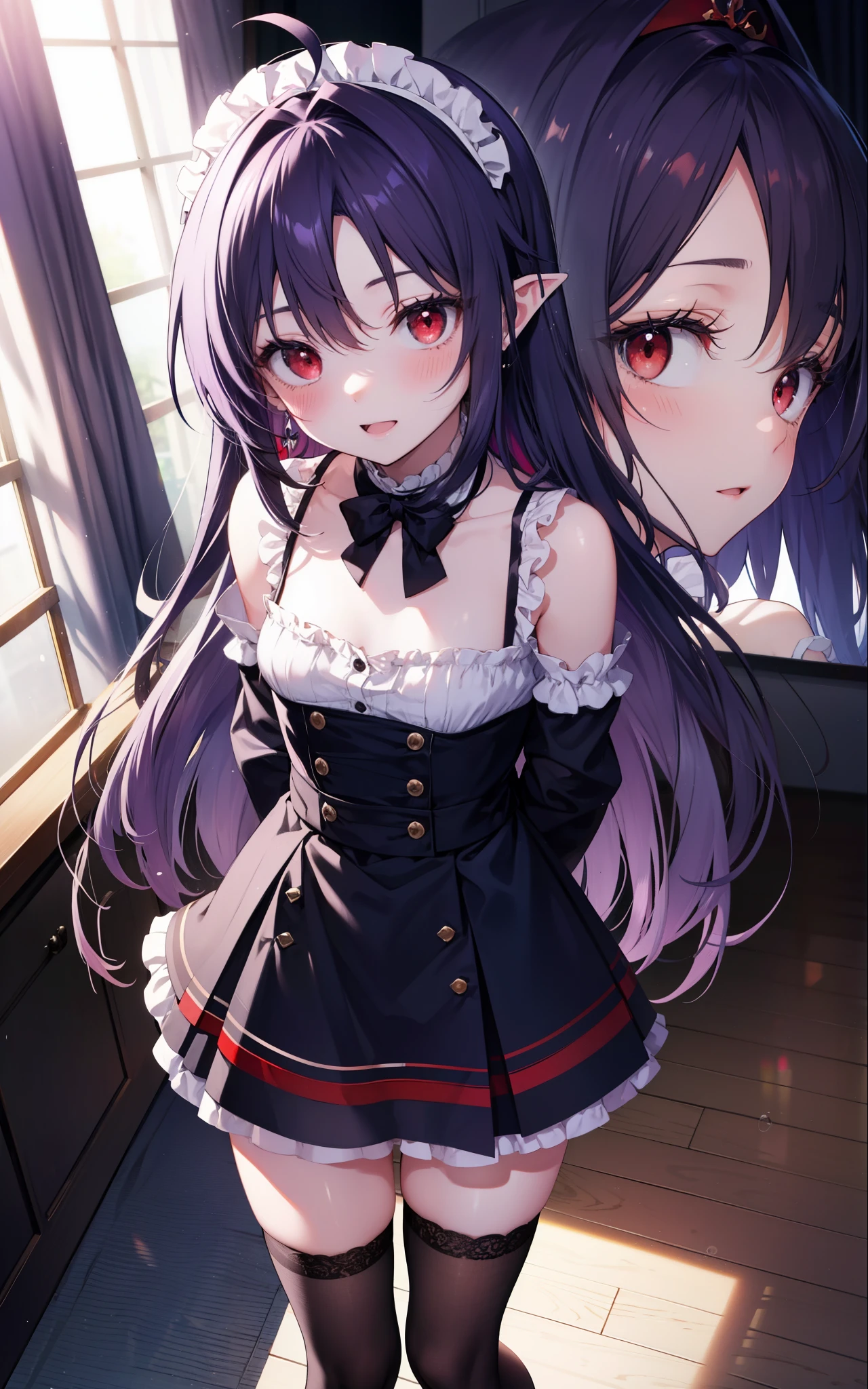 yuukikonno, Yuki Konno, hair band, long hair, pointed ears, purple hair, (red eyes:1.5), (small breasts:1.2),Ahoge,tilt one&#39;s face, open your mouth,smile,blush,she was wearing a maid skirt, black stockings on her legs, put both arms behind one&#39;s back,slouch,peek from above,bare shoulders,
break looking at viewer, Upper body, whole body,
break indoors, Bedroom,
break (masterpiece:1.2), highest quality, High resolution, unity 8k wallpaper, (figure:0.8), (detailed and beautiful eyes:1.6), highly detailed face, perfect lighting, Very detailed CG, (perfect hands, perfect anatomy),