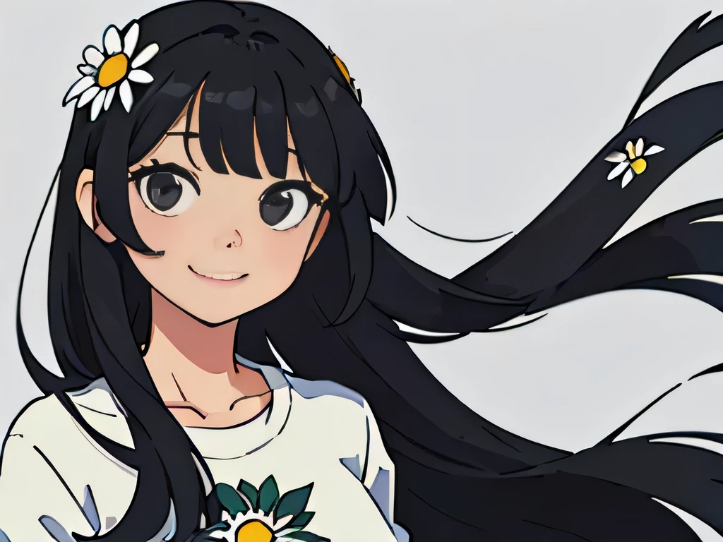 Perfect anime illustration, portrait of a girl having long black hair with bangs, posing with beautiful daisies, adorned, smiling