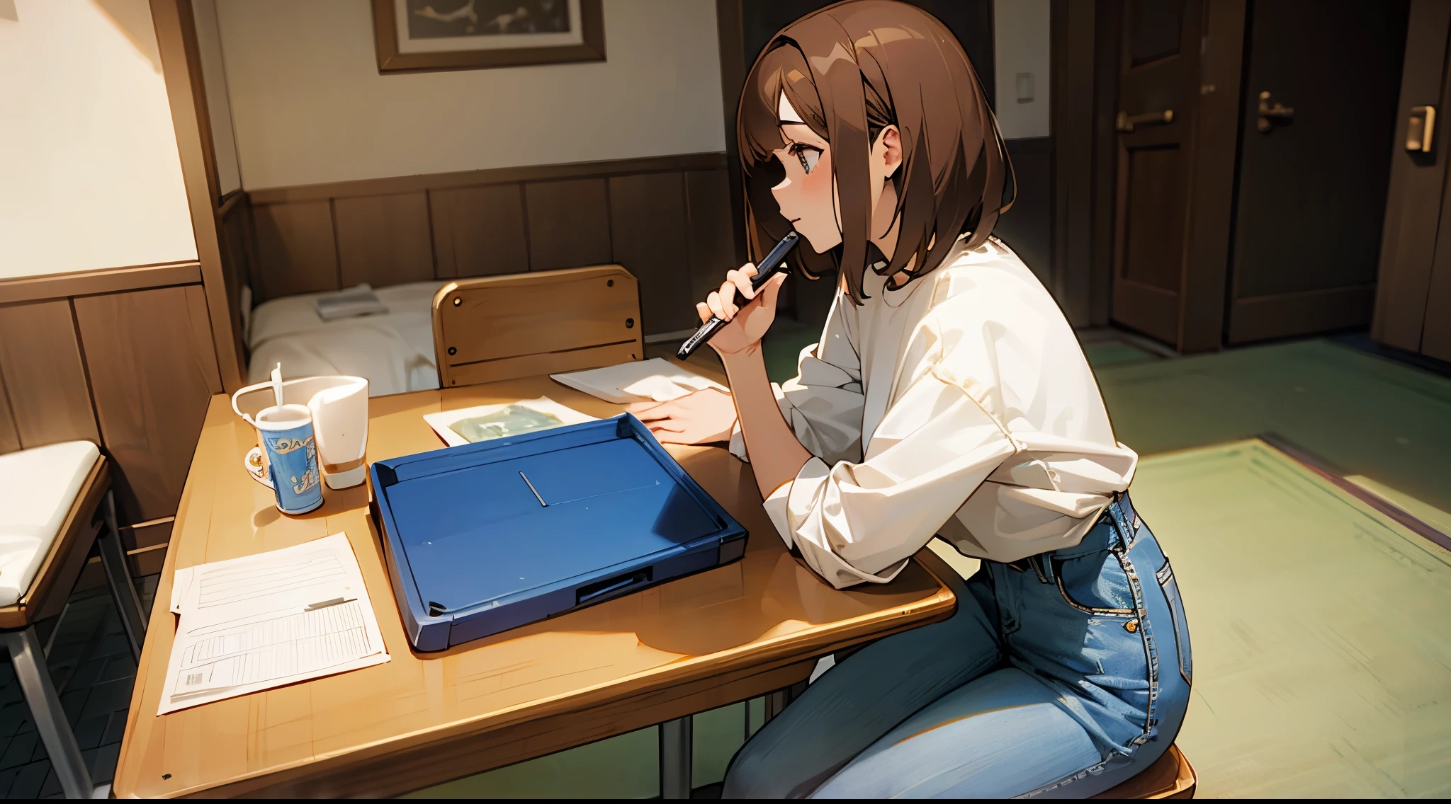 a woman with brown hair, wearing a white shirt and jeans, in anime style, in a side perspective sees an empty table. On the table, there is a folded note.