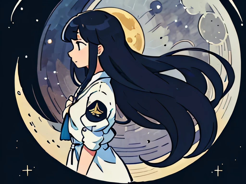 perfect anime illustration, side view illustration of a girl having long black hair with bangs, dressed as the "moon", "lunar" decoration, adorned, moon rays, stars, lunar, luna