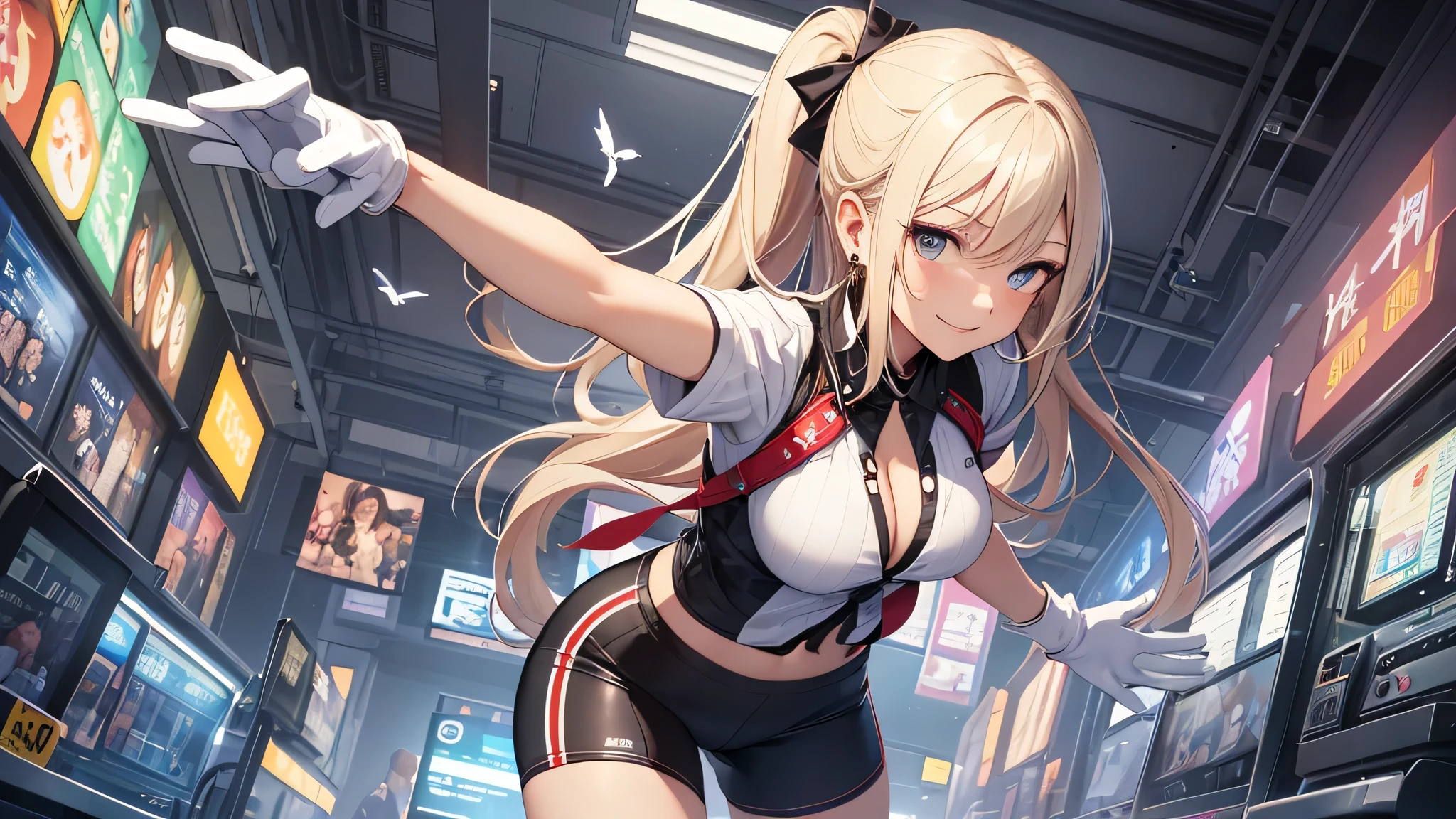 最high quality、best image quality、masterpiece、girl((20-year-old、 By becoming、vest bust、medium bust,wide open breast tea、shining eyes, blonde、long hair、thin,highest valley、ponytail、Very short shirt、short belly sports pants、cool pose、Please bring your smartphone、sweating、smile、forward leaning movement、diamond earrings、white gloves、cute pose)),high quality、beautiful art、background((casino))、Flight、debris flies、Depth of written boundary、movie、visual art、perfect art、8k,genuine、