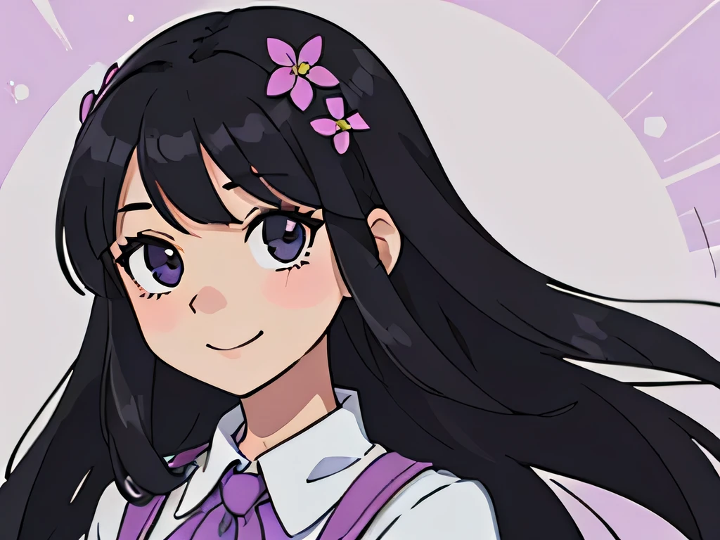 Perfect anime illustration, portrait of a girl having long black hair with bangs, posing with beautiful lilac adorned, smiling, cute