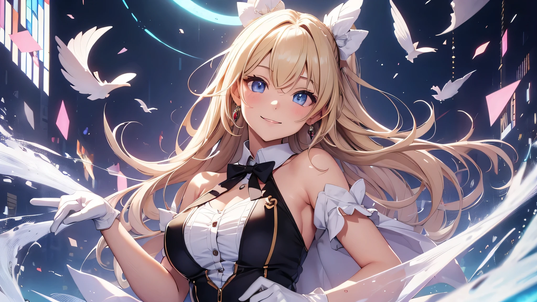 最high quality、best image quality、masterpiece、girl((20-year-old、 By becoming、vest bust、medium bust,wide open breast tea、shining eyes, blonde、long hair、thin,highest valley、ponytail、Very short shirt、short belly sports pants、cool pose、Please bring your smartphone、sweating、smile、forward leaning movement、diamond earrings、white gloves、cute pose)),high quality、beautiful art、background((casino))、Flight、debris flies、Depth of written boundary、movie、visual art、perfect art、8k,genuine、
