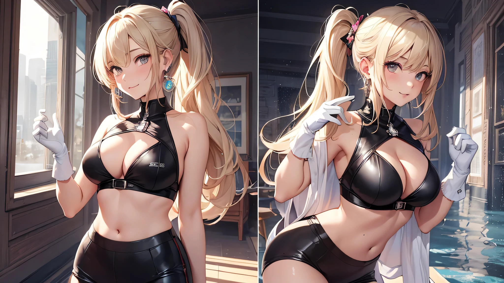 最high quality、best image quality、masterpiece、girl((20-year-old、 By becoming、vest bust、medium bust,wide open breast tea、shining eyes, blonde、long hair、thin,highest valley、ponytail、Very short shirt、short belly sports pants、cool pose、Please bring your smartphone、sweating、smile、forward leaning movement、diamond earrings、white gloves、cute pose)),high quality、beautiful art、background((casino))、Flight、debris flies、Depth of written boundary、movie、visual art、perfect art、8k,genuine、
