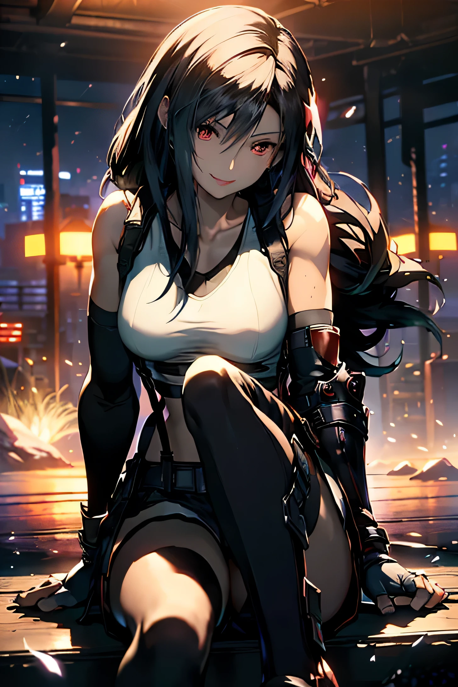 (8K, Best Quality, Masterpiece: 1.2), (Realistic, Photorealistic: 1.37), Super Detail, One Girl, Cute, Solo, (Tifa Lockhart), (Big Breasts), (Beautiful Eyes), (Smile: 1.2), (Closed), Model Pose, Neon, Cityscape, Depth of Field, Dark Strong Shadows, Sharp Focus, Motion Blur, Depth of Field, Composition, Green glowing light, Final Fantasy VII, Date, (nose brush), Single Elbow Pads, Ankle Boots, Black Hair, Red Boots, Elbow Gloves, Elbow Pads, Fingerless Gloves, Sports Bra, (Suspenders) Black Skirt, White Tank Top: 1.5, Full Body, Headrest, Beautiful Face, Low Tie Long Hair, (red_eyes), (Night: 1.3), complex, cinematic lighting, photon mapping, radiosity, physically based rendering, (Tetsuya Nomura style), perfect breast, cleavage: 1.2,