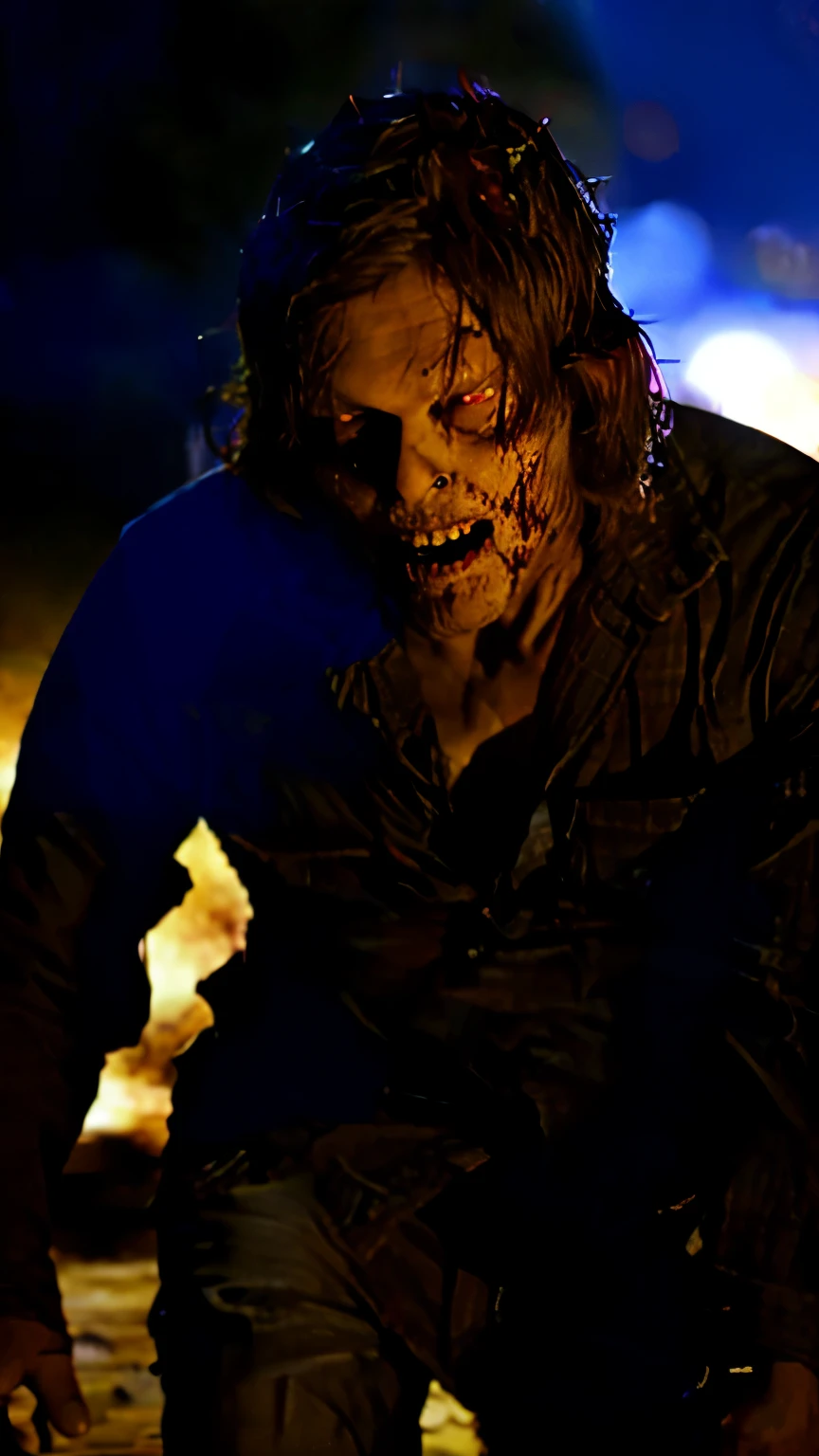 (masterpiece, best quality:1.2), ((RAW photo, Best quality)), (Realistic, photo-realistic:1.2) a evil zombie, blood, hottinig, ((horror, creepy)) , night, ((White eyes)). , angry. ((( Exposed brain))), ((Pale or Grey skin)), wounds, empty eyes, torn clothes, slow movements, guttural noises, aggressive and cannibalistic behavior. Cinematic lighting.
