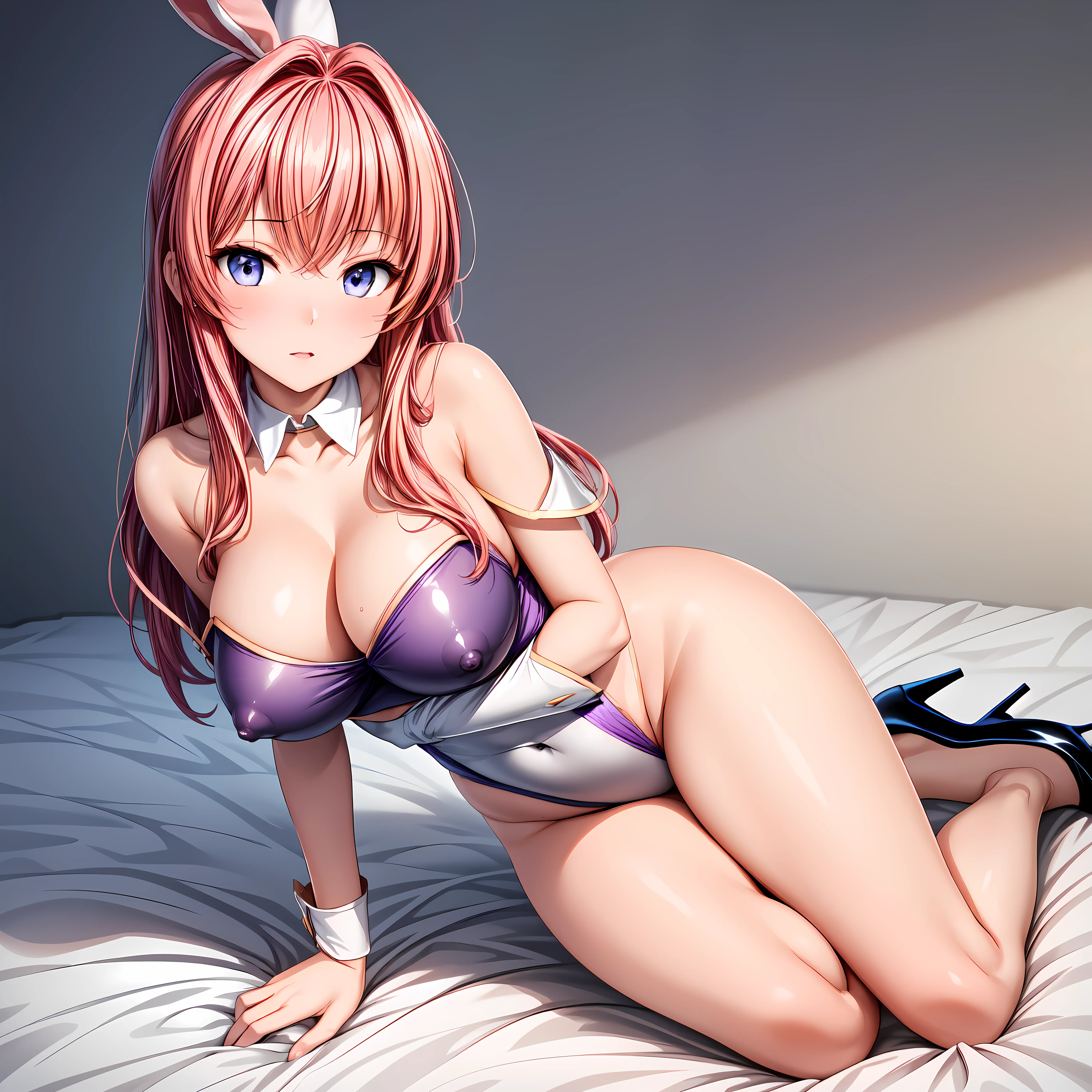 masterpiece, highest quality,beautiful eyes, beautiful hair, beautiful face, beautiful skin, alone, 1 girl, erect nipples, anime girl, (whole body), winding, beautiful breasts,shiny skin,shining eyes, smooth skin, glowing skin, soft skin, shiny skin, （Purple high-leg bunny girl leotard with no decorations on the shoulders and neck.)、side boob, cleavage, barefoot, high heels, pink hair, (naked neck:1.3), (bare shoulders:1.3), (bare clavicle:1.3)